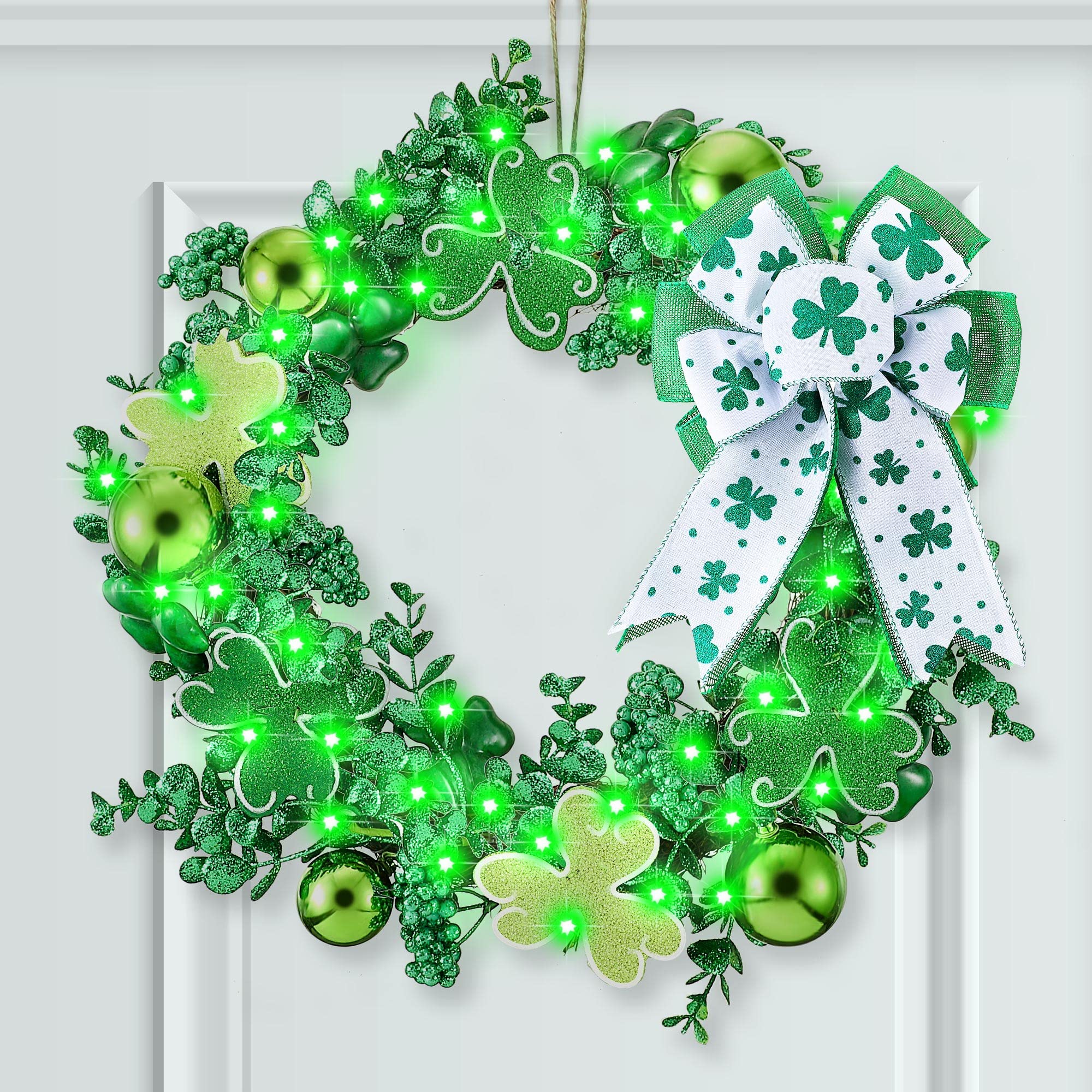 Enhon 14 Inch St. Patrick's Day Shamrock Wreath Bow - Spring Clover Artificial Wreath for Front Door, Farmhouse, Wall, Window & Fireplace - Waterproof Indoor/Outdoor Decor (Round) | Perfect for St. Patrick's Day Parties, Irish-Themed Home Decor & Seasonal Front Porch Displays