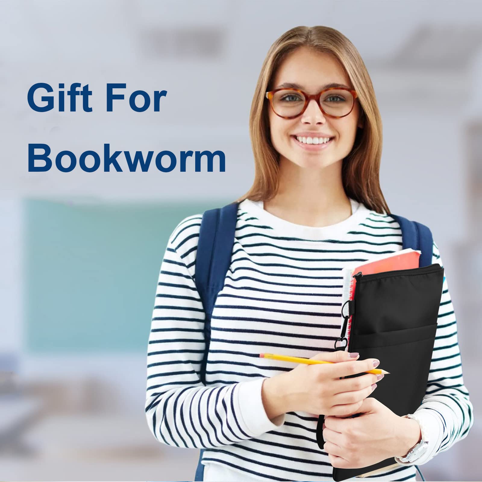 Zippered Book Sleeve Protector - Waterproof Travel Book Cover for Paperbacks & Hardcovers with Front Pocket & Handle Strap - Perfect Gift for Book Lovers (Black) - Ideal for Commuting, Air Travel, and Library Visits