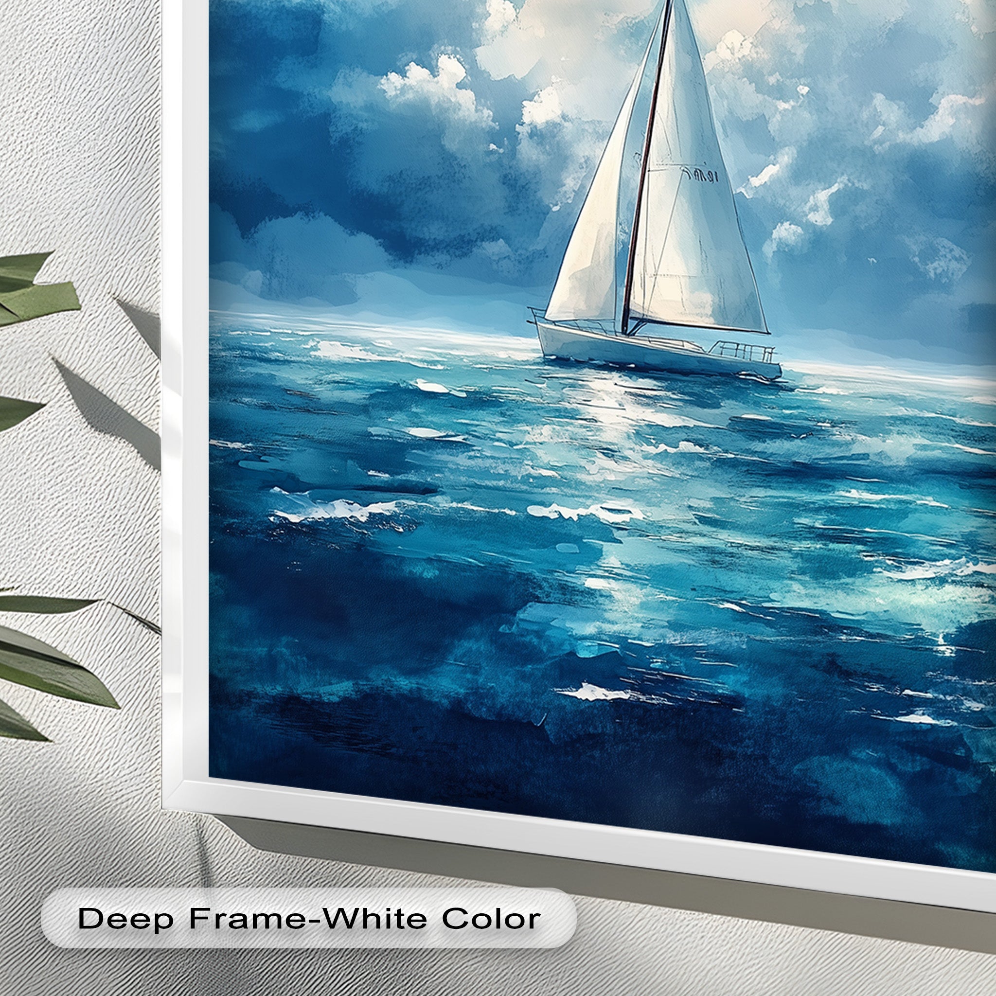 Blue Sky White Sailboat Oil Painting - Handmade Nautical Wall Art for Living Room, Bedroom & Office Decor