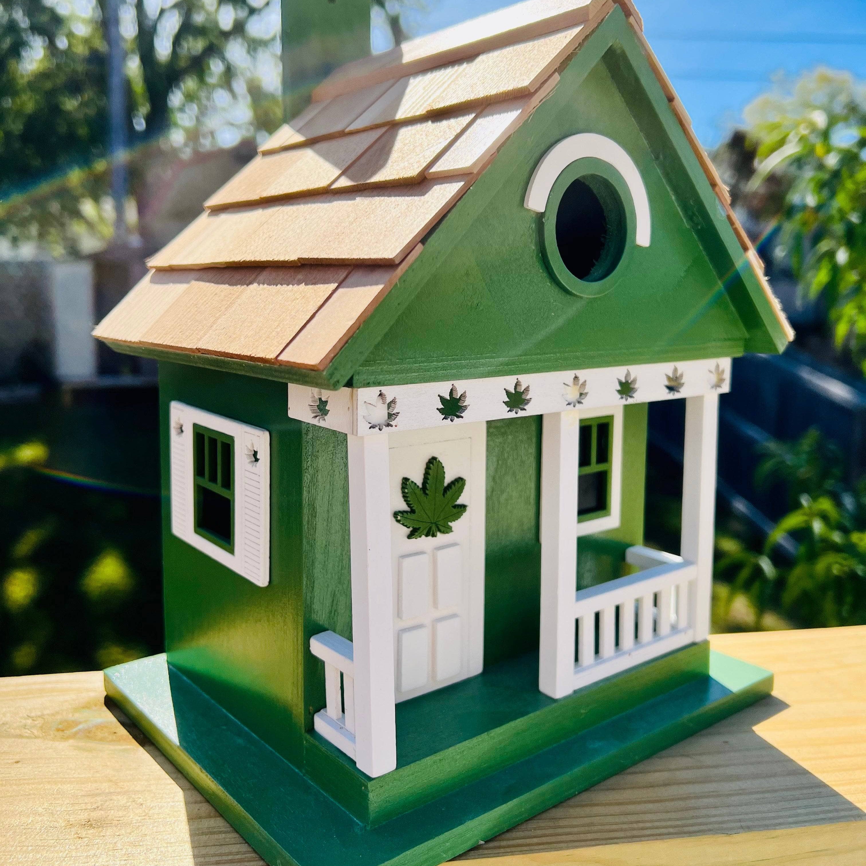 Handmade Cannabis-Themed Wooden Birdhouse for Garden Decor - Perfect for Outdoor Bird Watching & Unique Gift Idea