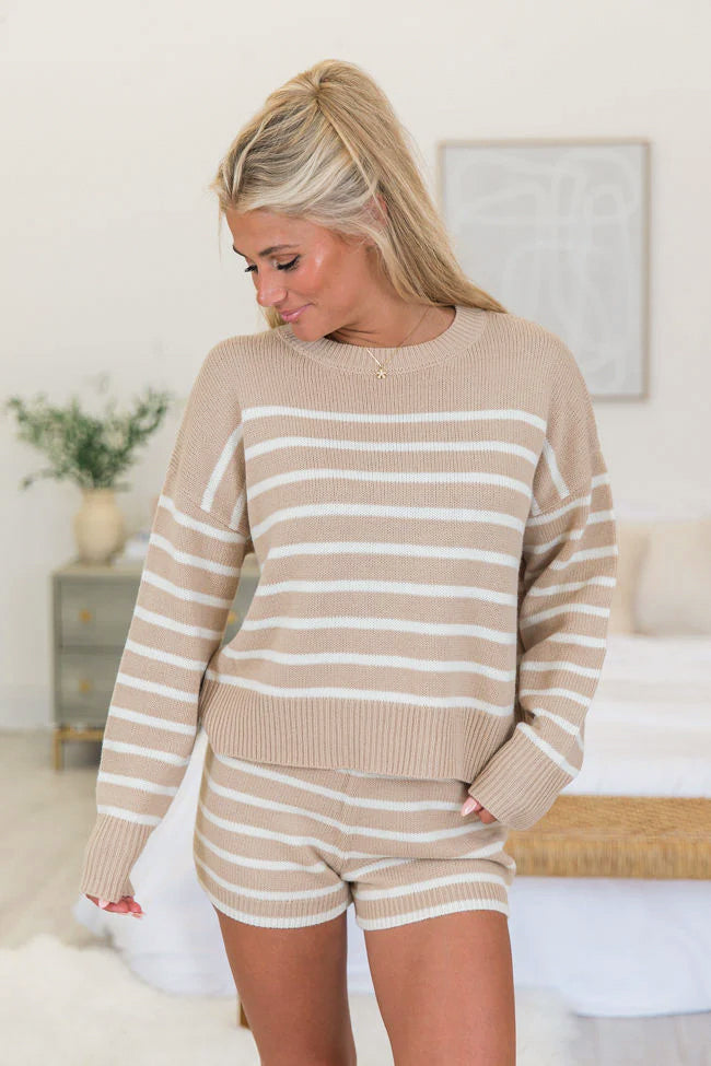 What Goes Around Taupe Striped Sweater Lounge Set - Cozy Women's Loungewear for Home & Casual Outings - Final Sale