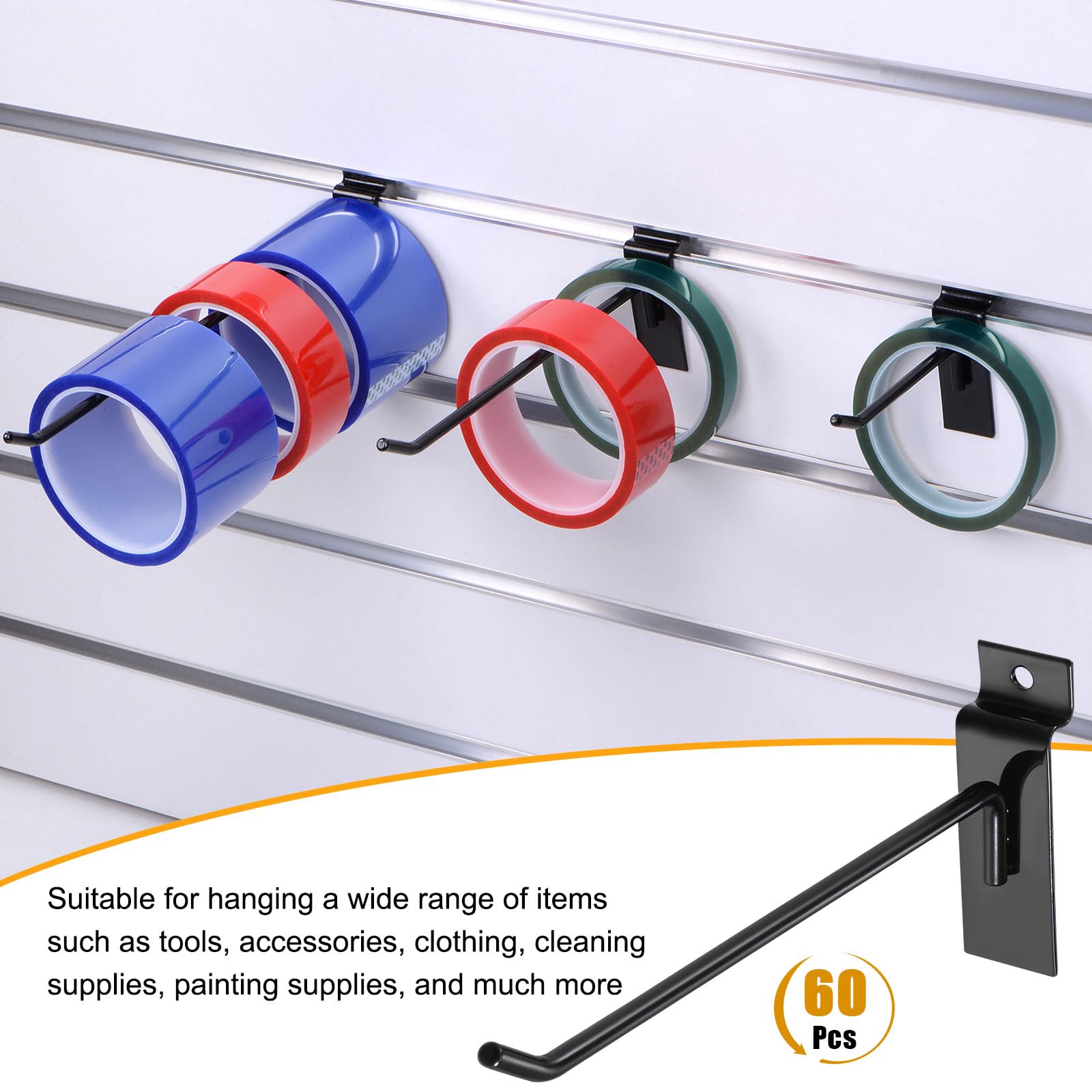 HARFINGTON 60-Pack 12-Inch Metal Slat Wall Hooks - Heavy Duty Pegboard Hangers for Garage Organization, Retail Display & Shop Storage - Black (Perfect for Supermarkets, Warehouses & Home Storage Solutions)