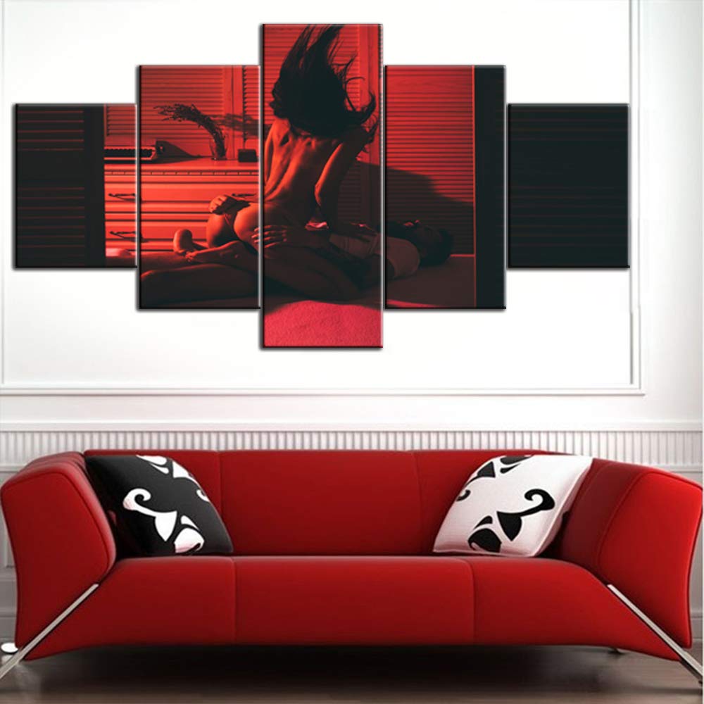 Black and White Couple Canvas Art - Classic Intimate Paintings, 5 Panel Bedroom Wall Decor, Modern Giclee Framed Stretched Ready to Hang (60''Wx32''H) - Perfect for Romantic Bedroom, Living Room & Adult Spaces