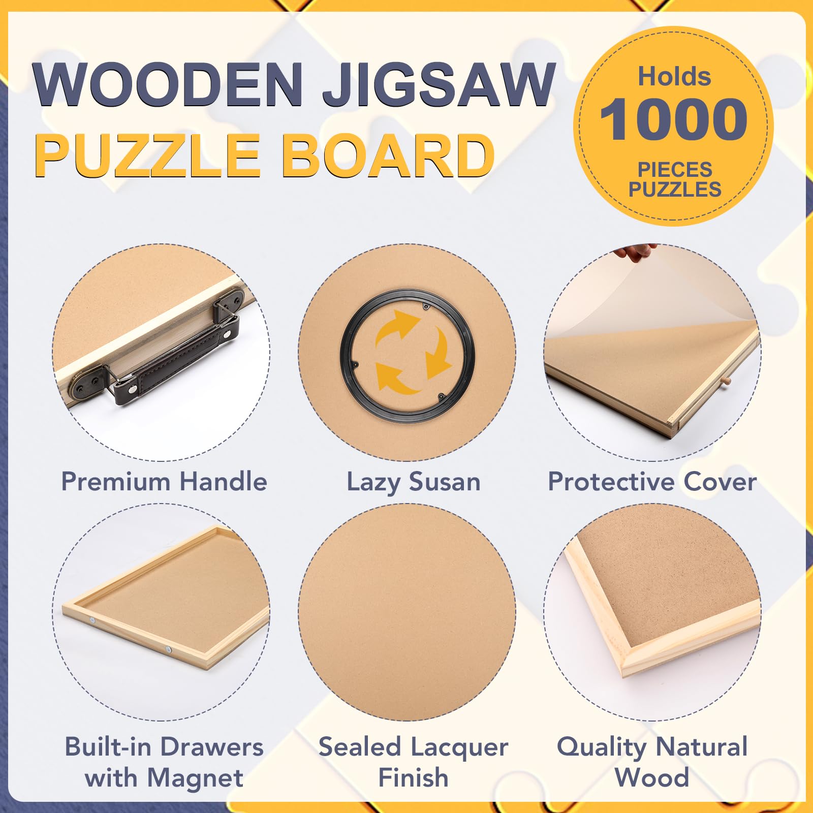 NEOACT 1000 Piece Rotating Puzzle Board - 30.4”x22.4” Wooden Jigsaw Puzzle Table with 4 Drawers, Cover & Handle - Portable Lazy Susan Puzzle Board for Adults & Kids - Perfect for Family Game Nights, Travel & Home Entertainment