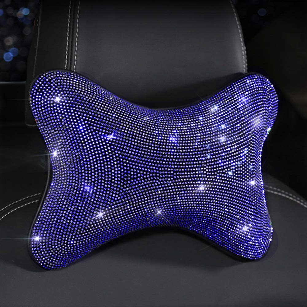 Sparkly Blue Car Accessories Set - 5-Piece Bling Car Decor Kit with Universal Headrest Neck Pillows, Glitter Garbage Can & Seat Back Hanger Hook | Perfect for Women's Car Interior Decoration & Road Trips