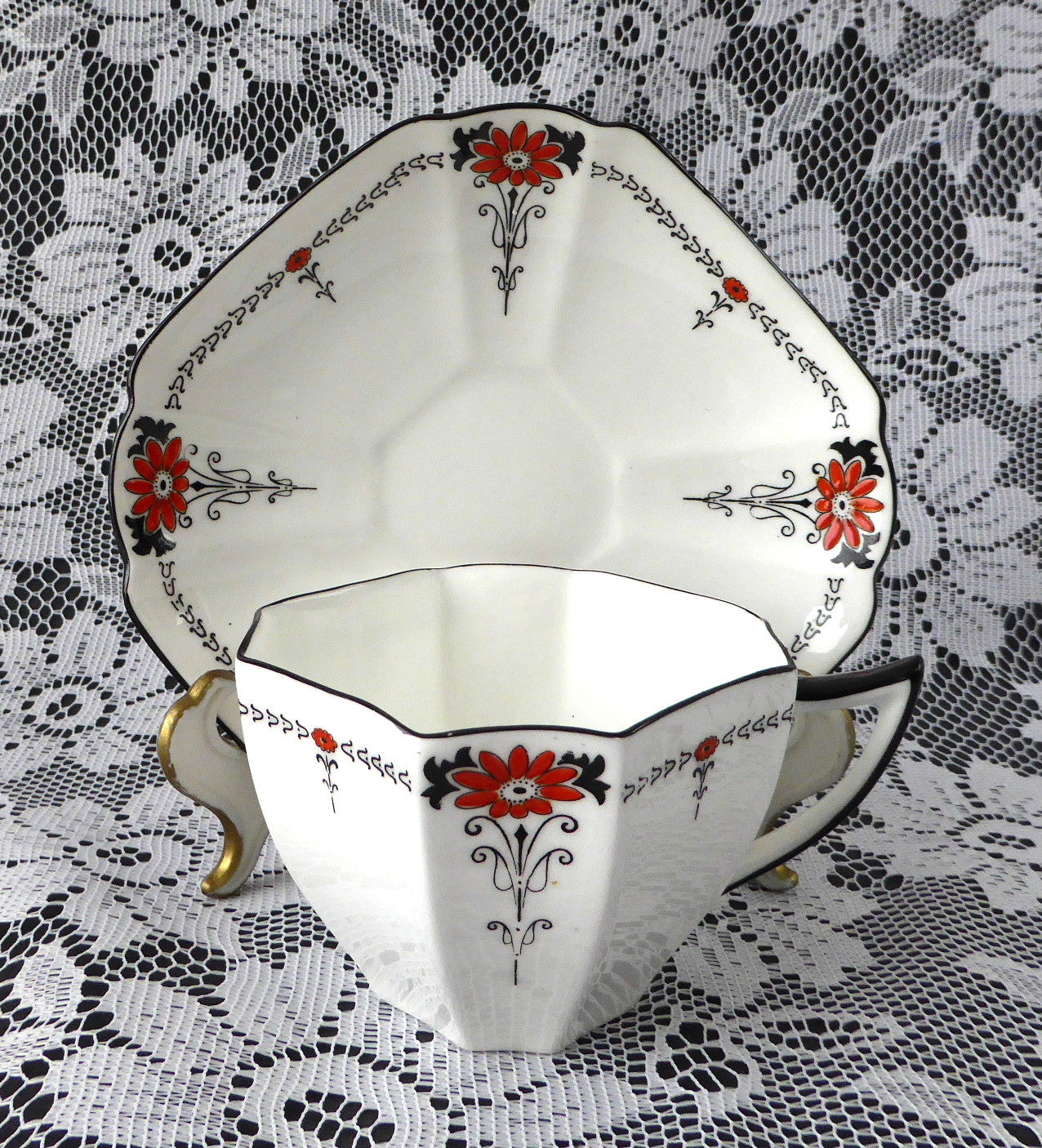 Vintage Shelley Daisy Red Enamel Tea Cup and Saucer Set - Queen Anne Paneled Art Deco Style from 1920s | Perfect for Afternoon Tea, Collectible Display, and Vintage Home Decor