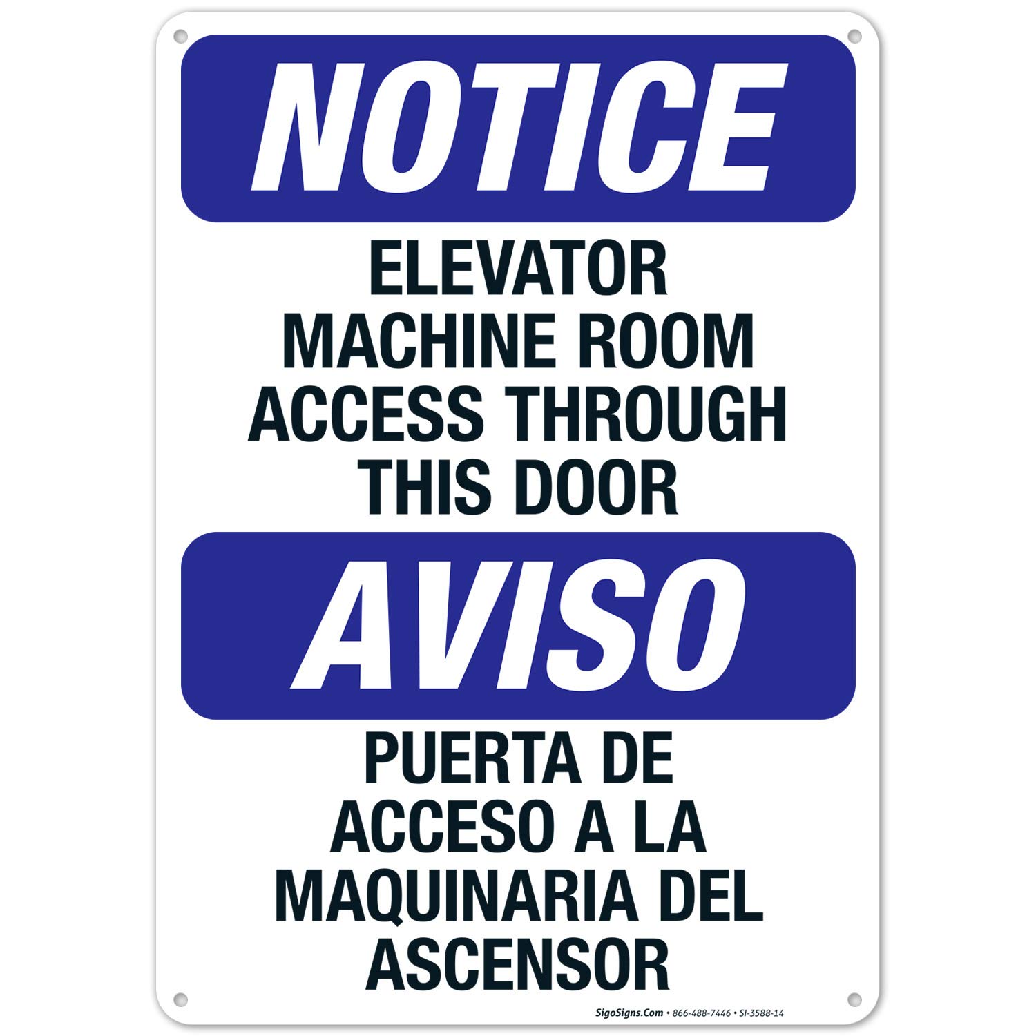 OSHA Compliant Bilingual Elevator Machine Room Access Sign - 10x14 Inches, Rust-Free .040 Aluminum, Fade Resistant for Indoor & Outdoor Use - Made in USA | Perfect for Commercial Buildings, Warehouses & Industrial Facilities