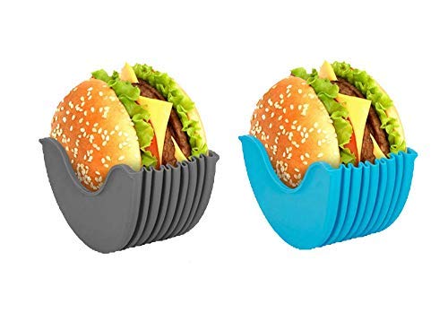 Retractable Silicone Burger Holder - Reusable BPA-Free Sandwich Box for Burgers & Hot Dogs - Dishwasher Safe & Collapsible Design for Easy Storage - Perfect for BBQs, Picnics & Family Gatherings (2-Pack Grey & Blue)