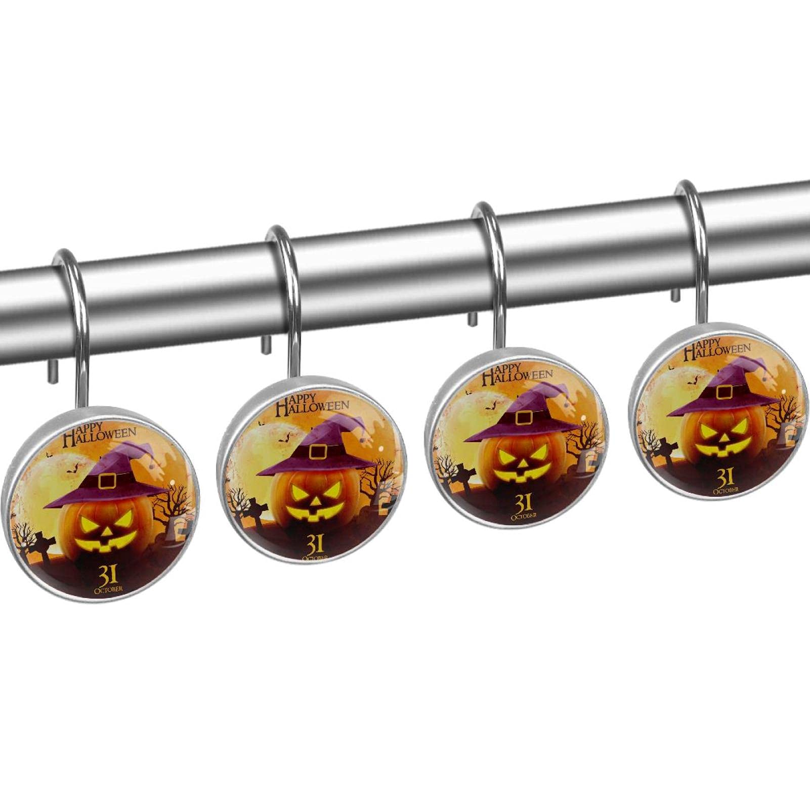 LORVIES Happy Halloween Smiling Pumpkin Shower Curtain Hooks - Set of 12 Stainless Steel Rust-Resistant Bathroom Hangers for Kids Room & Home Decor | Perfect for Halloween Party Decorations & Themed Bathroom Accessories