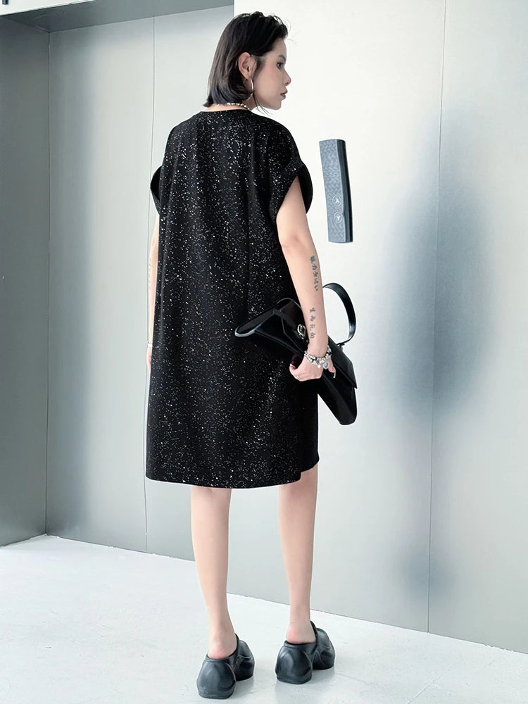 Black Sequin Mesh Dress 2-Piece Set Round Neck Short Sleeve Women's Fashion Outfit for Spring Summer 2025 | Perfect for Parties, Weddings & Night Out