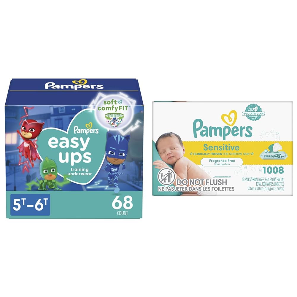 **Pampers Easy Ups Potty Training Underwear for Toddlers - Boys & Girls, Sensitive Baby Wipes Perfume Free (1008 Count) - Ideal for Daycare, Travel & Overnight Protection**