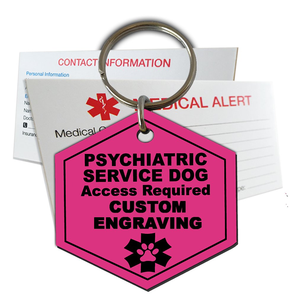 Custom Engraved Psychiatric Service Dog ID Tag - Hexagon Plastic - Made in USA - Ribbon Pink - Extra Large - Perfect for Therapy Dogs, Emotional Support Animals & Service Pets