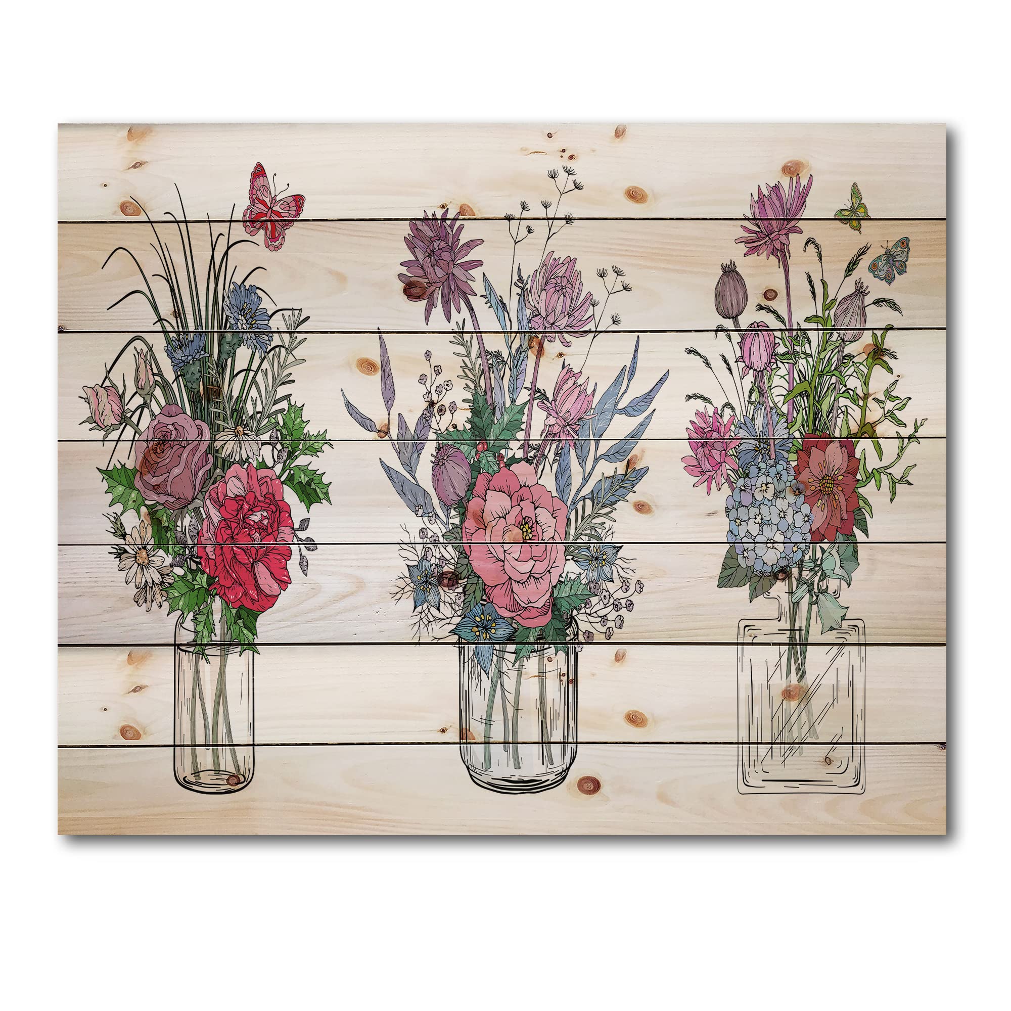 Farmhouse Wood Wall Decor - Bouquets of Wildflowers in Transparent Vases - Large Floral Wood Wall Panels Printed on Natural Pine - Rustic Red Wood Wall Art for Living Room, Bedroom & Home Office Decor
