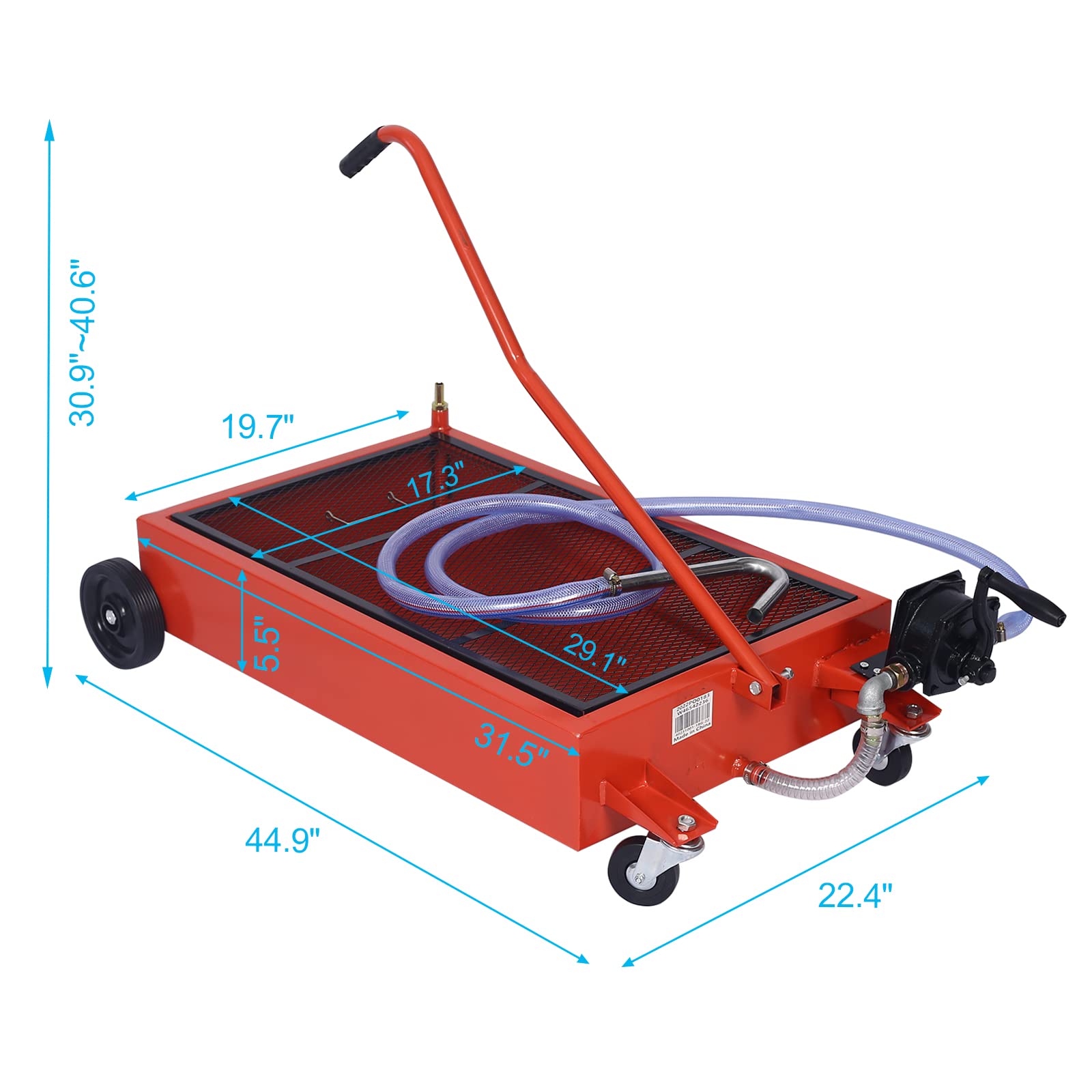 17 Gallon Oil Drain Pan with Hand Pump - Portable Low Profile Oil Change Tank for Cars, SUVs & Trucks - Large Capacity Oil Drain Pan with Hose & Swivel Caster Wheels - Perfect for DIY Auto Maintenance & Garage Oil Changes (Red)