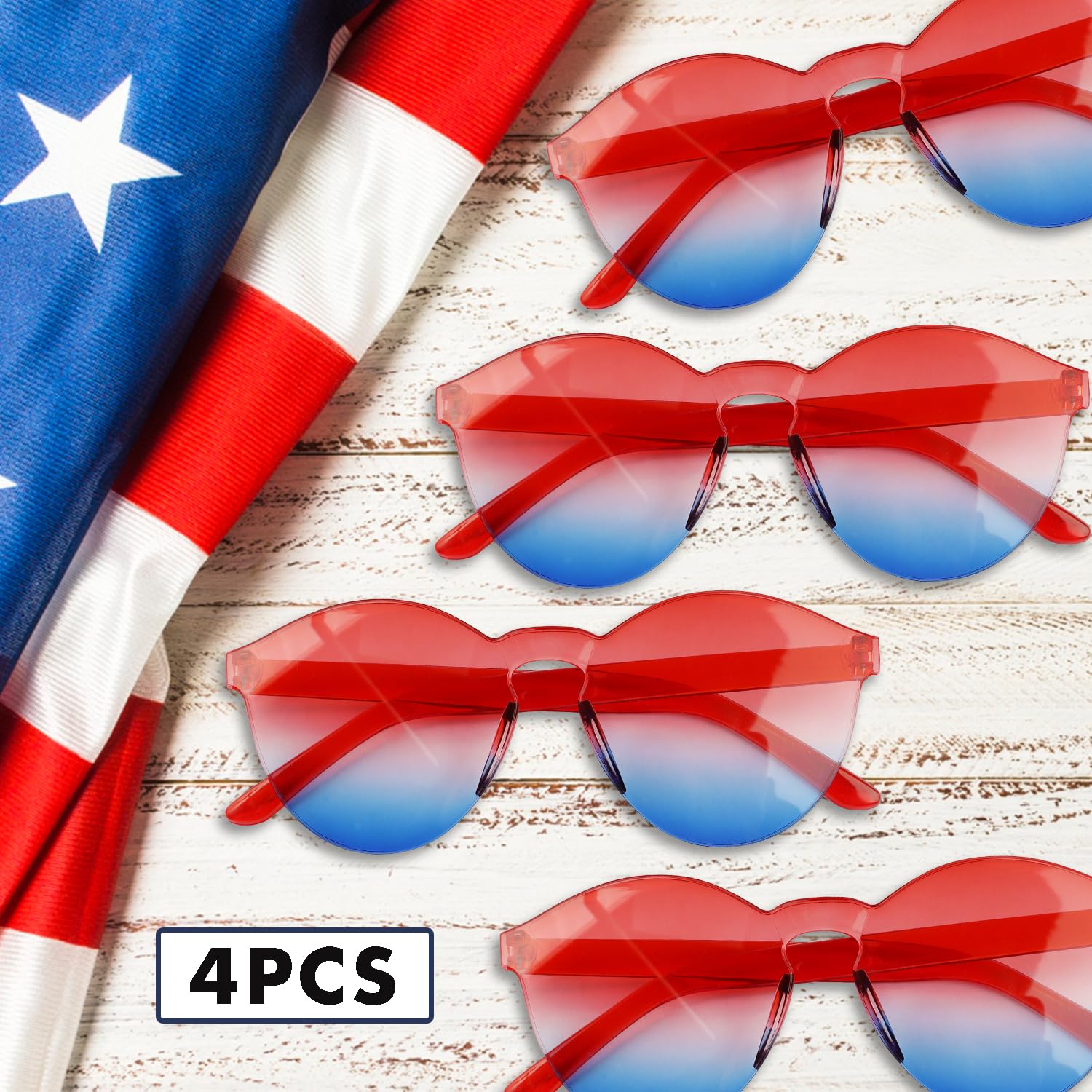 4th of July Patriotic Sunglasses - Red White & Blue Heart-Shaped Rimless Sunglasses for Women & Men - Perfect for Independence Day Parties, BBQ, Beach & Summer Festivals