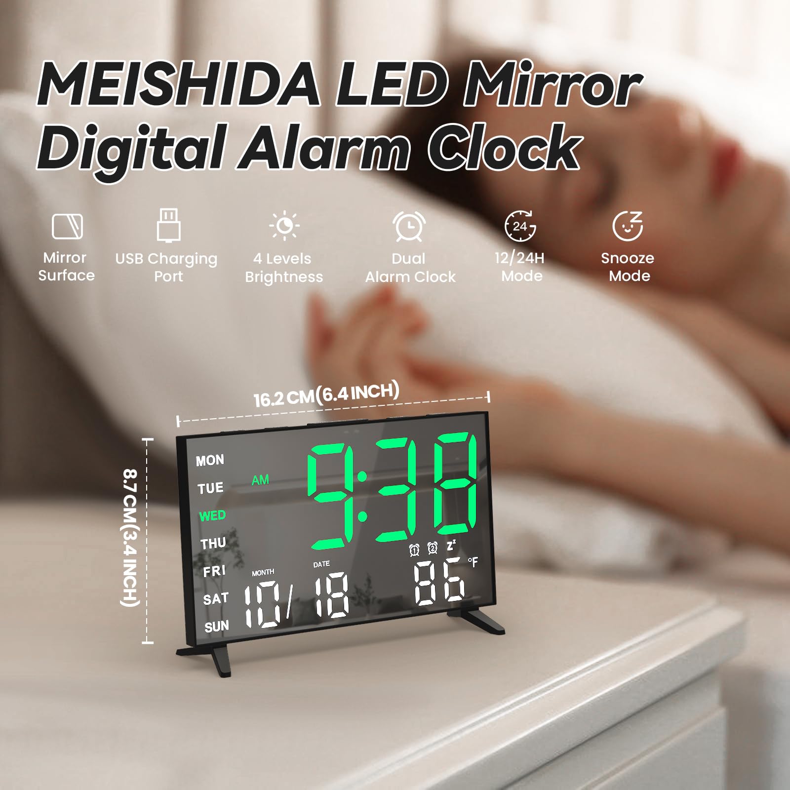 Digital Alarm Clock for Bedrooms - Small LED Mirror Desk Clock with Dual Alarms, Snooze, 4 Brightness Levels & USB Ports | 12/24H Format, Perfect for Kids & Adults (Black) - Ideal for Nightstands, Home Offices & Dorm Rooms
