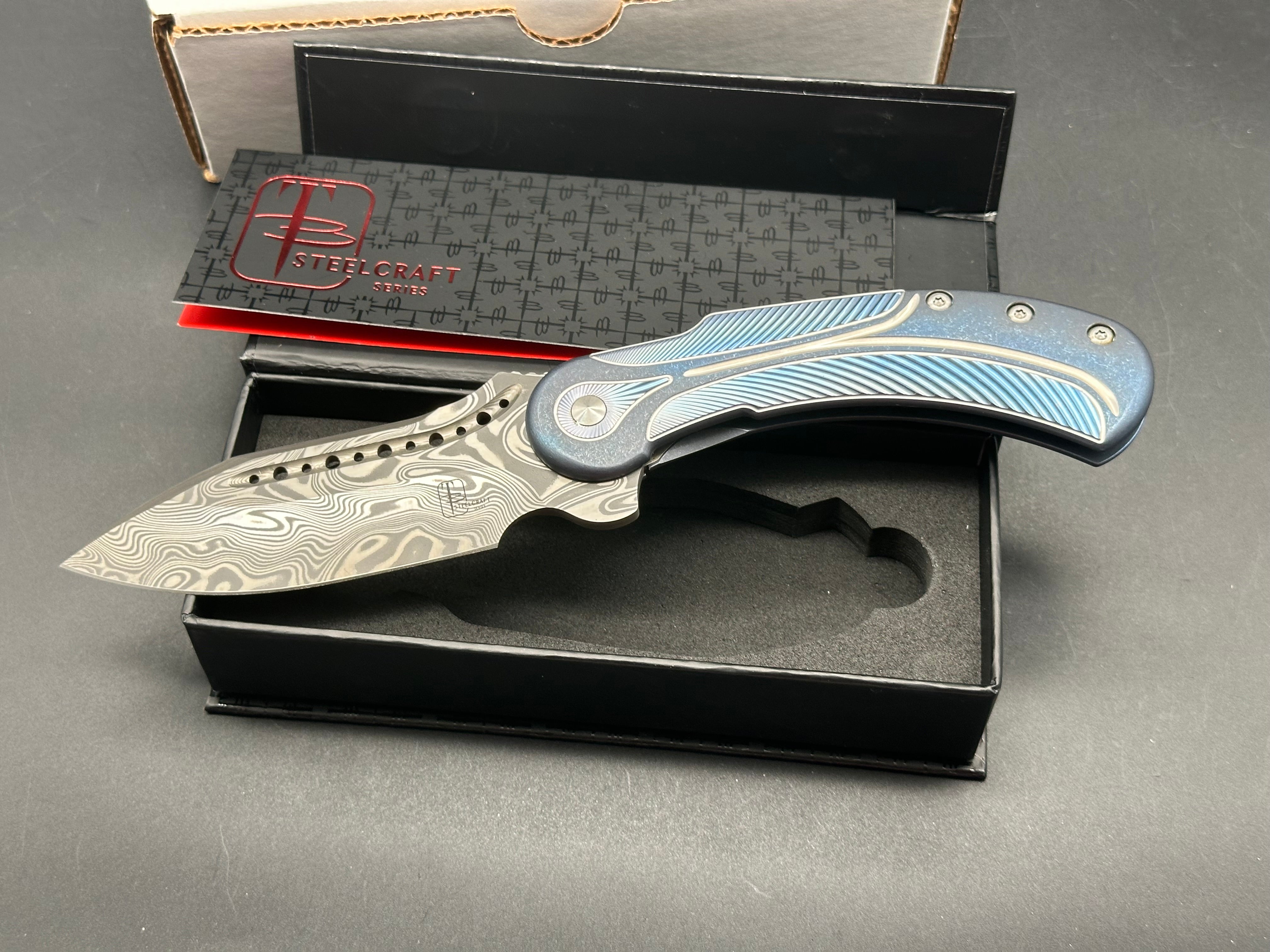 Premium Begg Knives Steelcraft Field Marshall Folding Knife - Blue/Silver Handle with Thor Draupner Damasteel Blade - Ideal for Outdoor Adventures, Camping & Survival Gear
