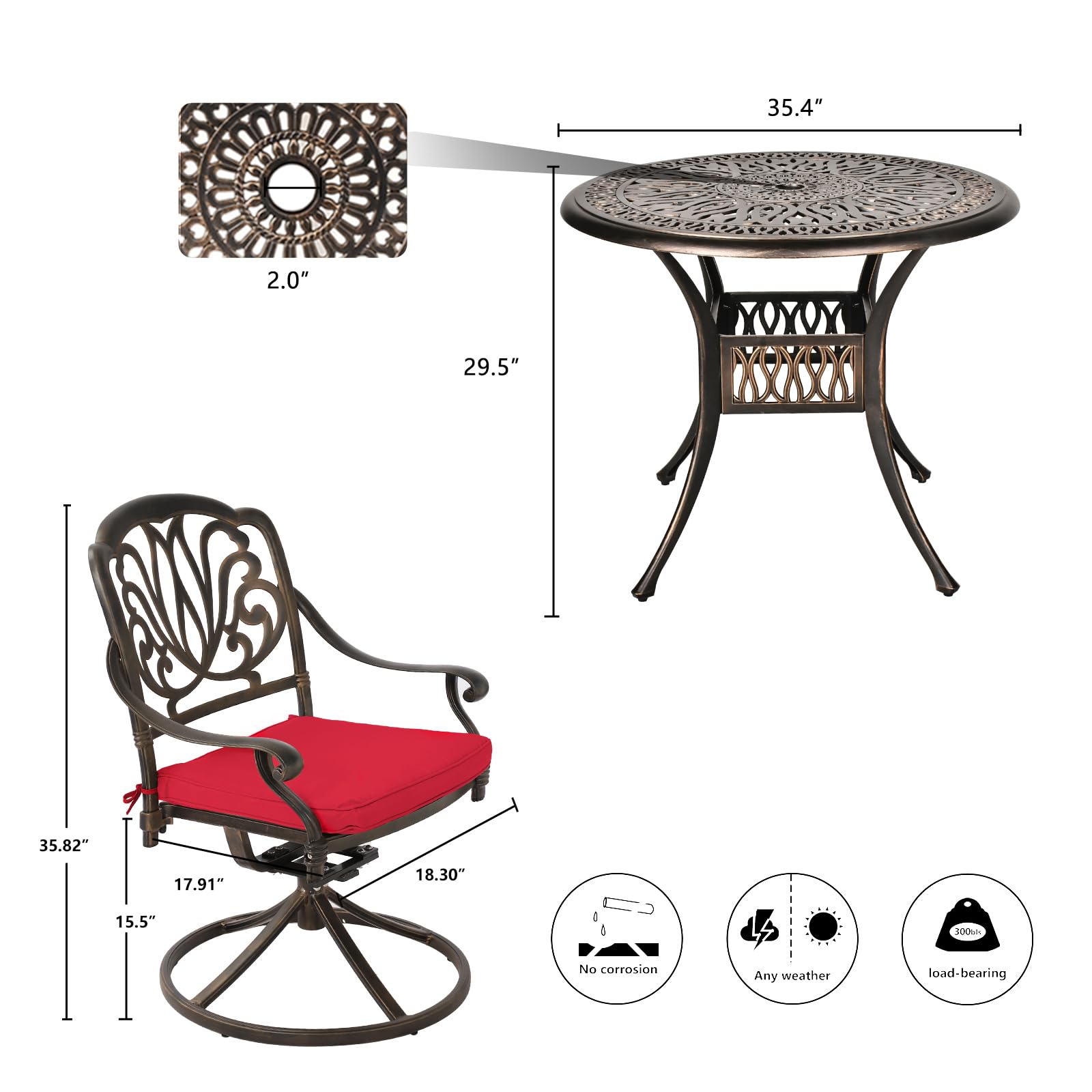 **Grepatio 5-Piece Outdoor Dining Set - Cast Aluminum Patio Table & 4 Swivel Chairs with Cushions, 1 Umbrella - Red Round Garden Furniture for Lawn, Backyard, Deck & Poolside Dining**