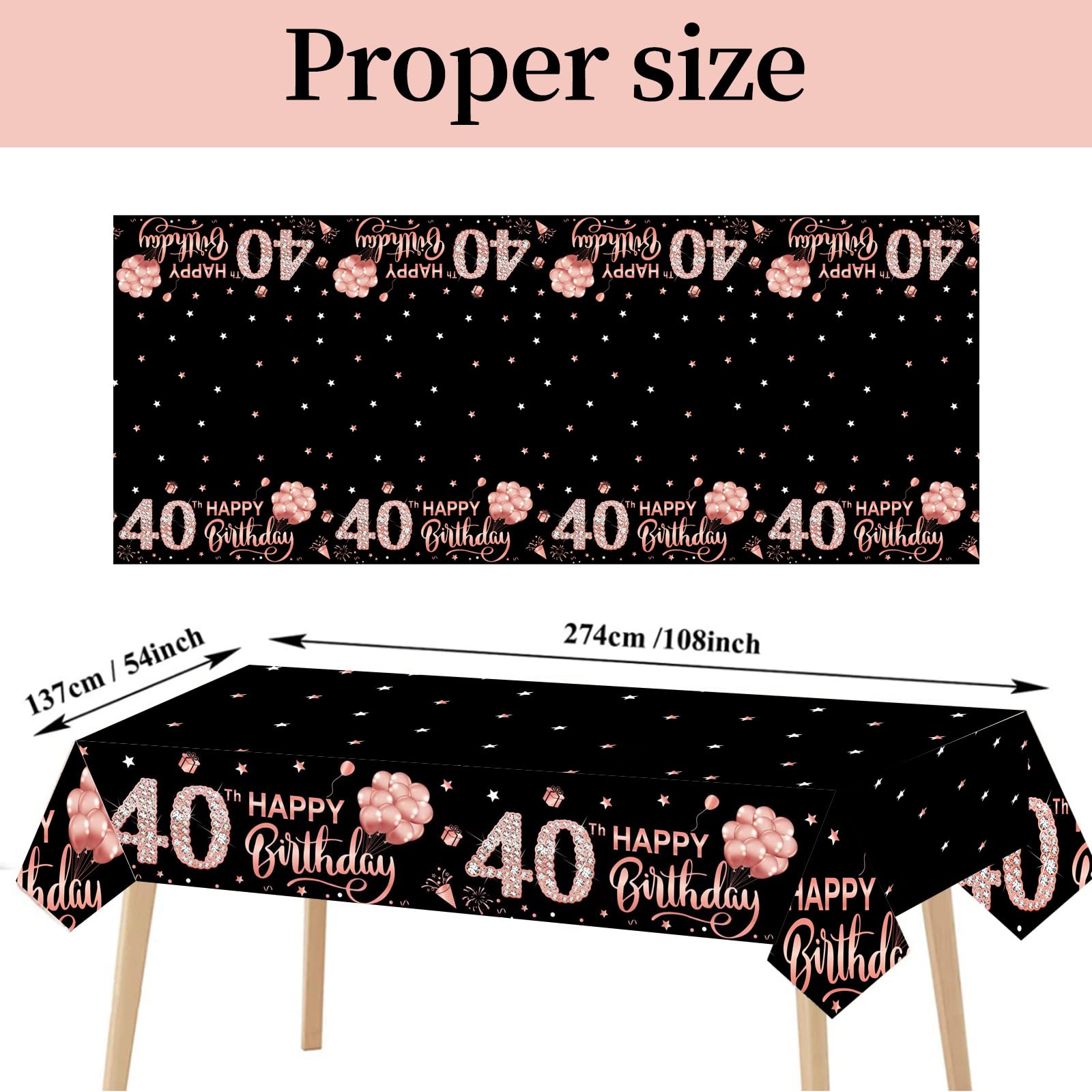 3 Pack Rose Gold Happy 40th Birthday Tablecloth Decorations for Women - Disposable Plastic Rectangular Table Cover - 40 Year Old Party Supplies - Perfect for Birthday Celebrations, Anniversary Parties & Special Events