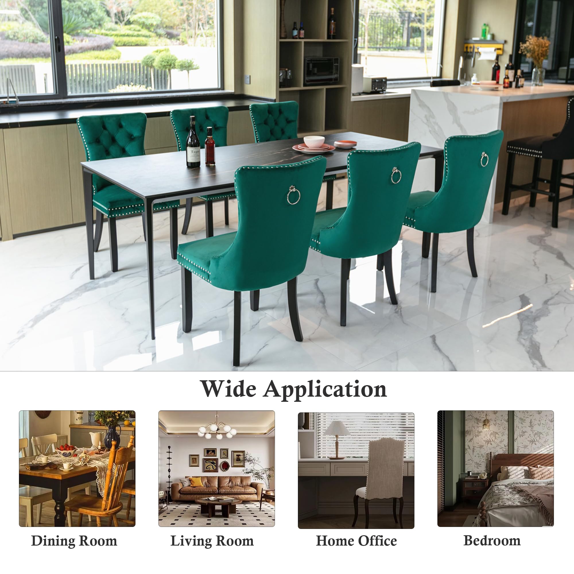 Rhomtree Set of 2 Velvet Dining Chairs - Luxury Tufted Back with Nailhead Trim, Solid Rubber Wood Legs - Emerald Green Accent Chairs for Kitchen, Dining Room & Home Decor