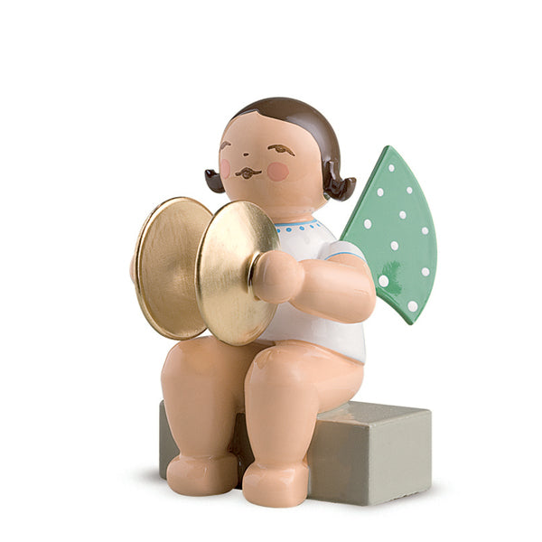 Wendt & Kuhn Angel with Cymbals Sitting Wooden Figurine - Handcrafted German Christmas Decoration for Tree, Tabletop & Holiday Home Décor