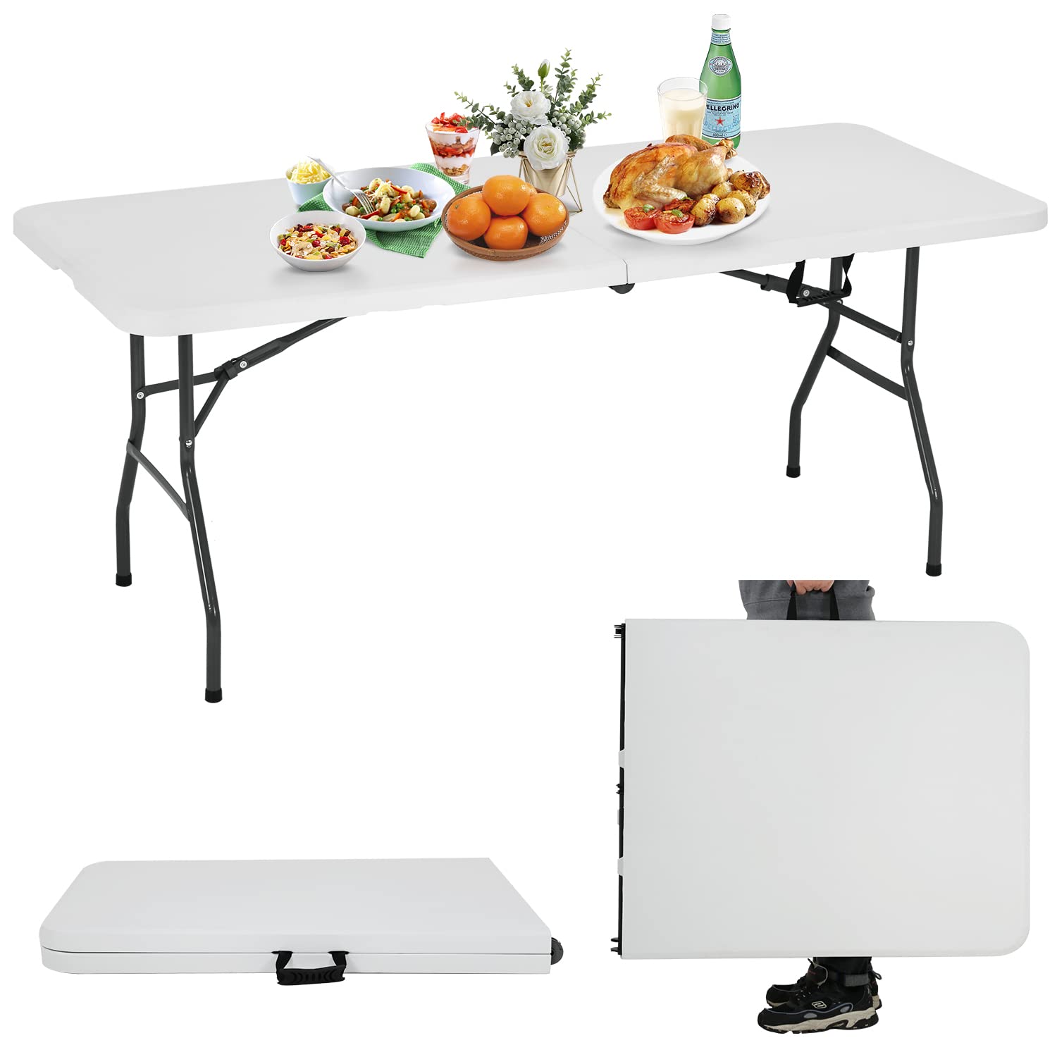 Pazidom 6 Ft Plastic Folding Table - Portable Fold-in-Half Table with Carrying Handle for Indoor & Outdoor Use - Lightweight Picnic, Party, Camping, and Event Table - No Assembly Required - White