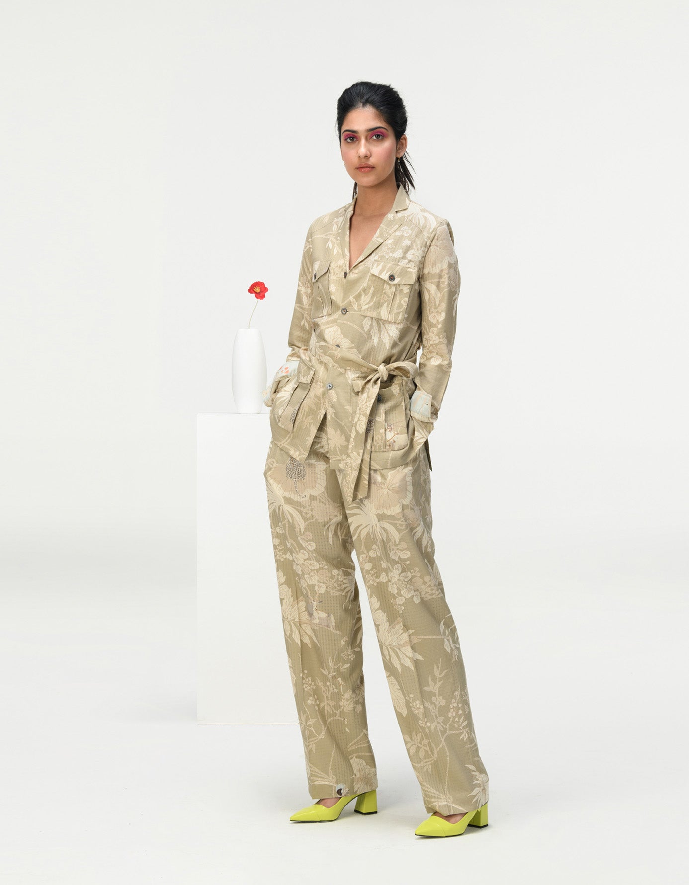 Single Pleated Trousers for Women - Cotton Silk Blend Checkered Pattern in Oyster Grey | Office Wear & Casual Chic Outfits