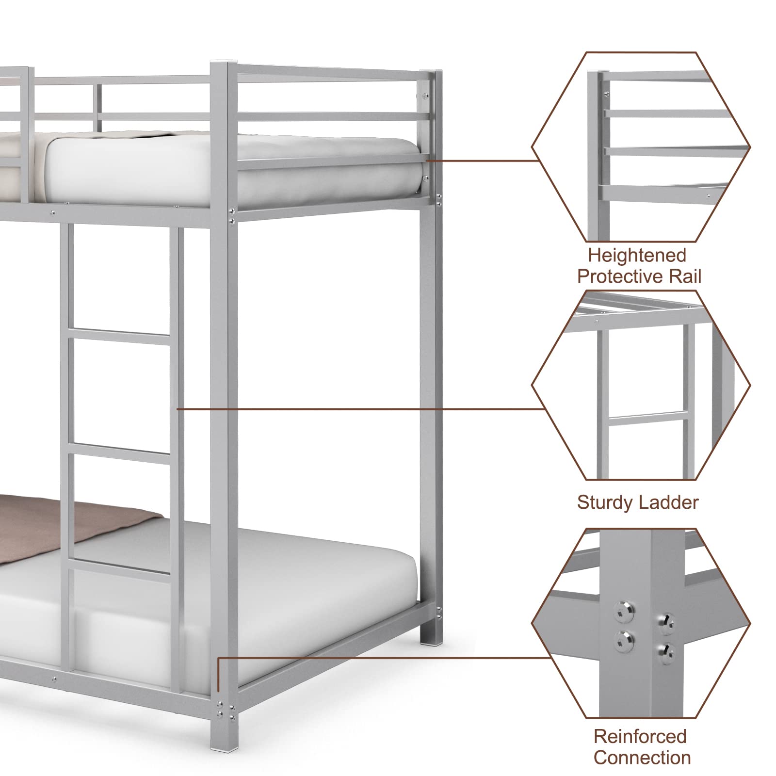 Giantex Twin Over Twin Metal Bunk Bed with Safety Guard Rails & Ladder - Heavy Duty Bunk Bed Frame for Kids, Teens & Adults - Easy Assembly, No Box Spring Needed (Silver) - Perfect for Small Bedrooms, Dorms & Vacation Homes
