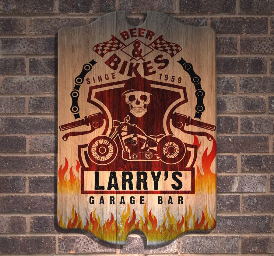 Custom Tavern Shaped Wood Bar Sign for Bikers - Rustic Pub Decor for Man Cave, Garage & Motorcycle Clubhouse