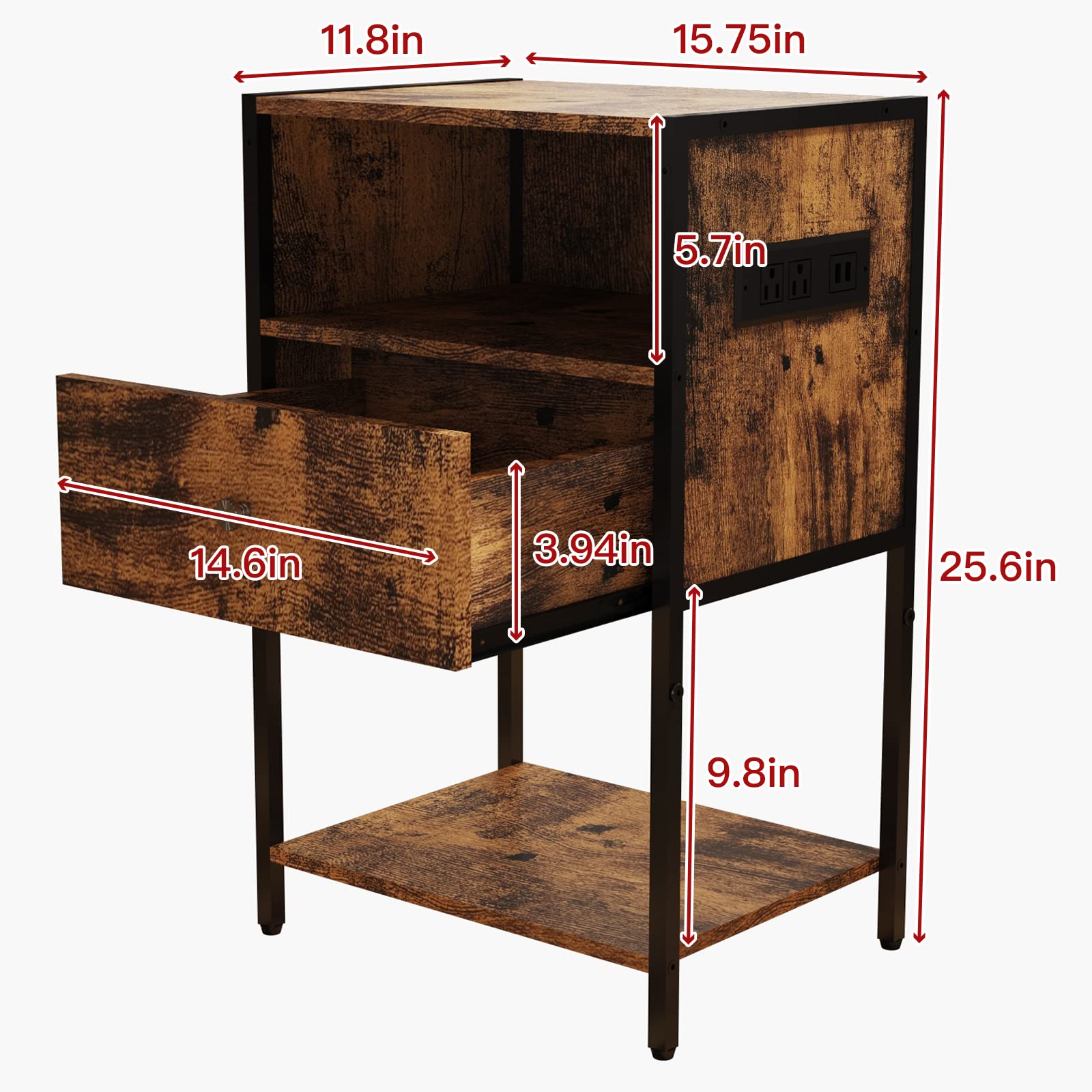 Modern Nightstand with USB Charging Station & Drawer - Rustic Brown Bedside Table with Open Storage Shelf - Perfect for Bedroom, Living Room or Office