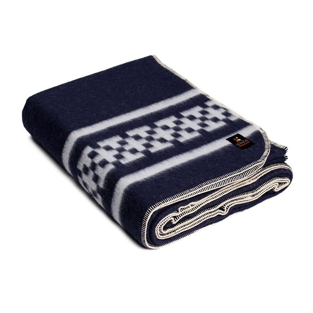 Premium Alpaca Wool Blanket - Heavyweight & Ultra Soft - King Size (90x100 Inches) - Navy Blue/Ivory Ethnic Design - Perfect for Camping, Home Decor & Cozy Winter Nights - Handmade in Peru