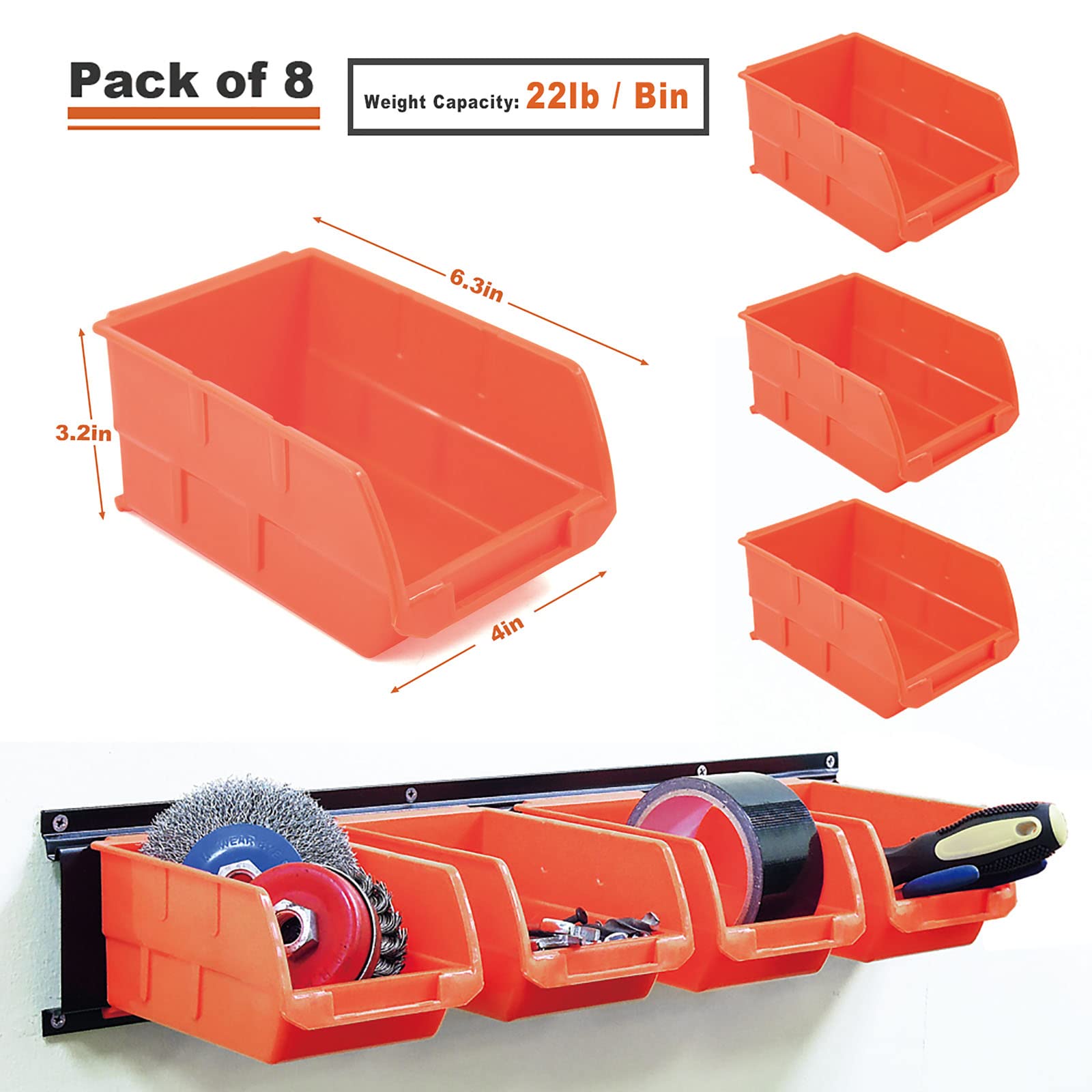 Wallmaster 8-Bin Storage Bins - 2-Tier Wall Mount Garage Organizer Rack System with Orange Tool Cube Baskets | Perfect for Garage, Workshop & Home Organization