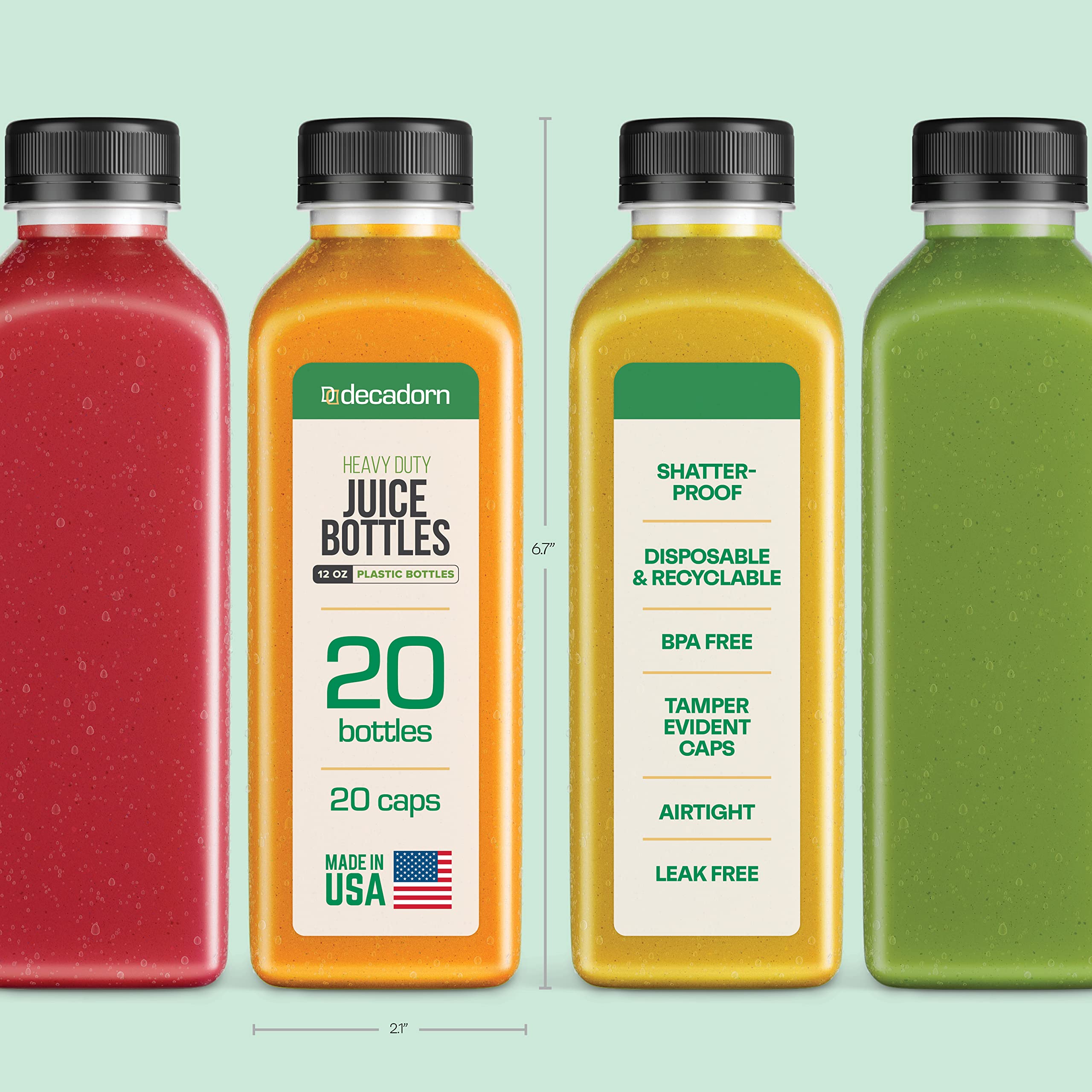 12oz 20pcs BPA-Free Juice Bottles with Tamper Evident Lids - Shatterproof, Leakproof & Recyclable Drink Containers for Juicing, Fridge Storage & Meal Prep - Made in USA Disposable Juice Bottles for Smoothies, Cold Brew & Healthy Snacks On-The-Go