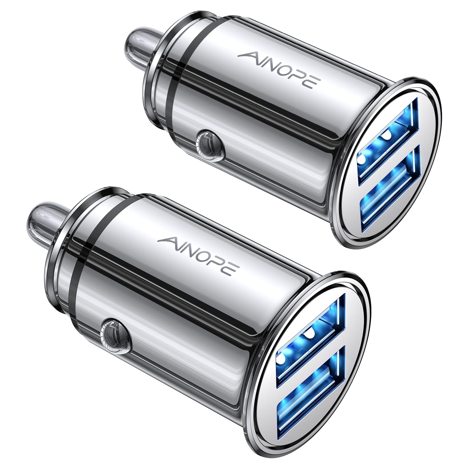 AINOPE 2-Pack 4.8A Fast Car Charger - Dual USB Port Cigarette Lighter Adapter for iPhone 15/14/13/12/11/Pro Max/SE/XR/8/7, iPad, Samsung Galaxy S23/S22/S21/S20/S10/S9/S8/S7/A51, Android & Kindle (Silver) - Perfect for Road Trips & Daily Commutes