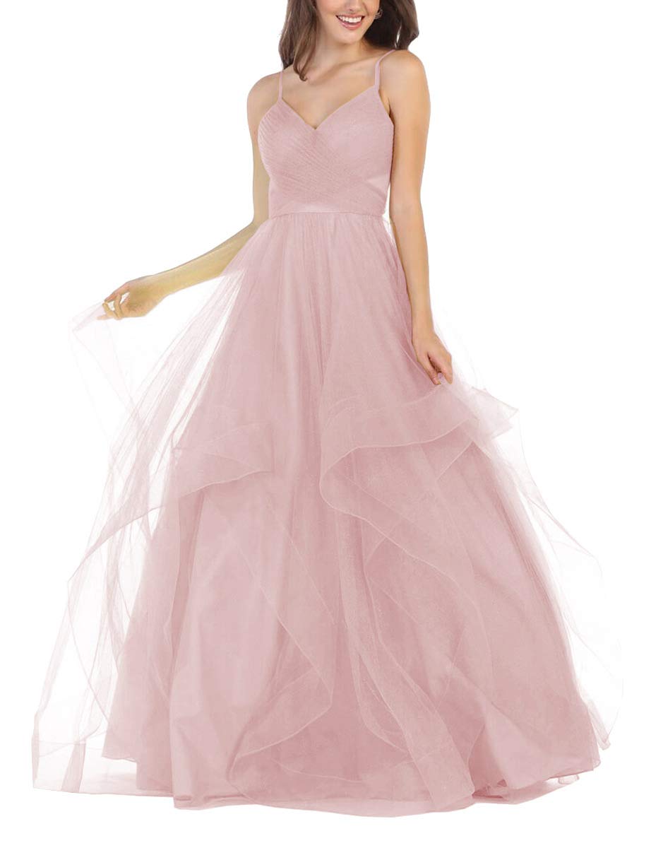 Sparkling Spaghetti Strap Tulle Prom Dress with V-Neck - Elegant Blush Pink Long Ball Gown for Evening Parties, Homecoming & Special Occasions