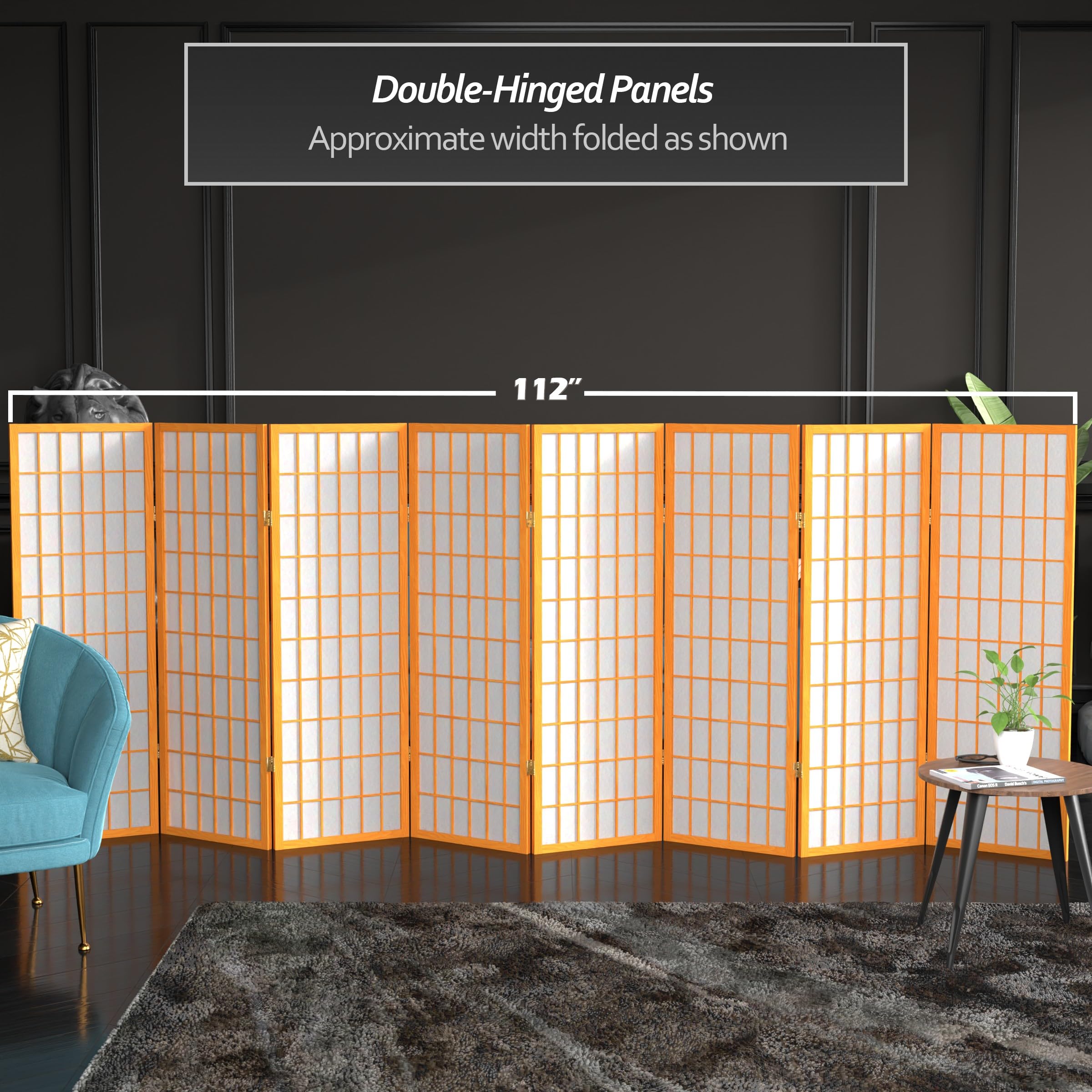 4 ft. Short Window Pane Shoji Screen - Honey Finish - 8 Panel Room Divider for Home Office, Living Room, and Bedroom Privacy