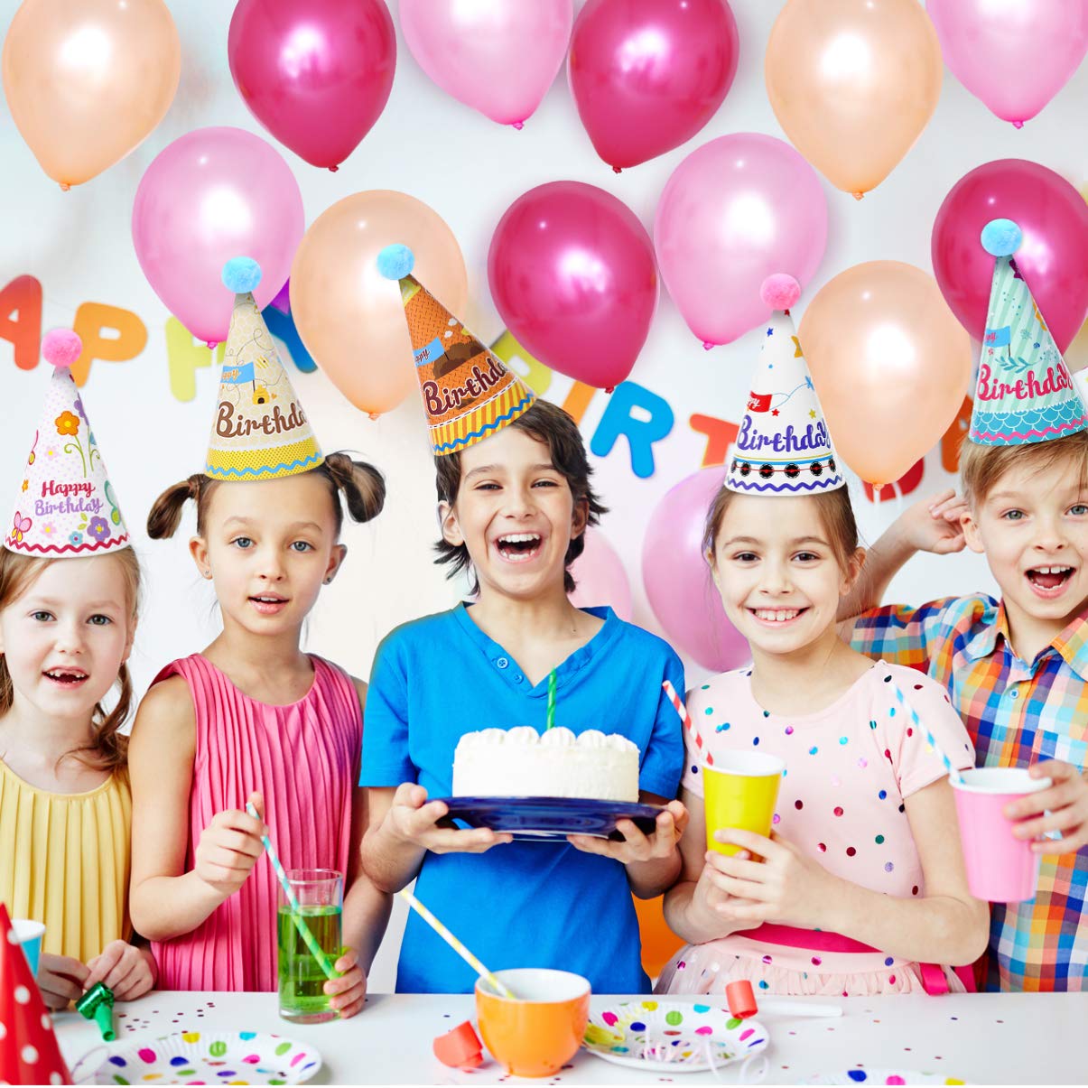 Kisangel 10-Pack Colorful Birthday Party Hats for Adults & Kids - Cone Shaped Paper Hats for Cake Toppers, Birthday Celebrations, Themed Parties & Festive Events