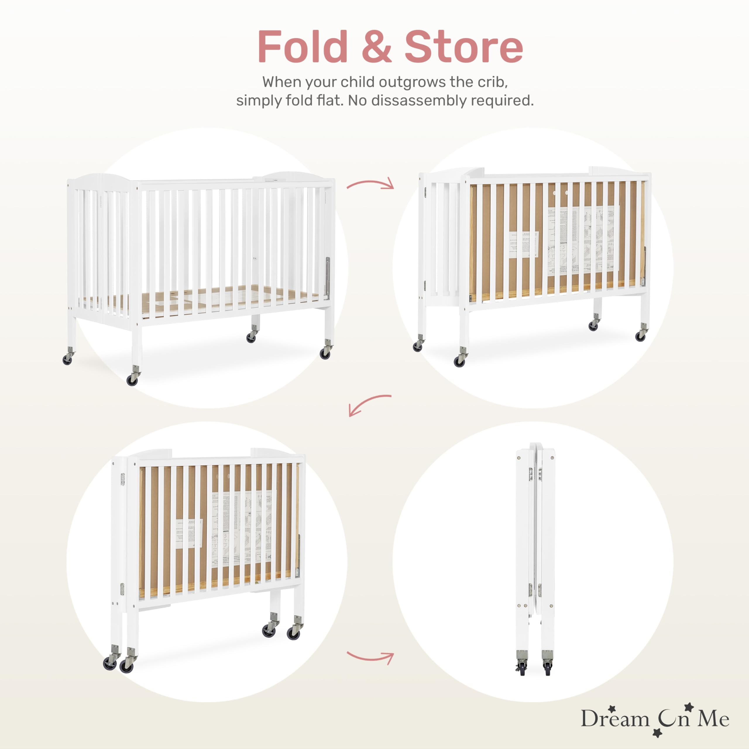 Dream On Me White Folding Full Size Crib with Adjustable Mattress Height & Heavy Duty Locking Wheels - Portable, Space-Saving Nursery Solution for Home & Travel