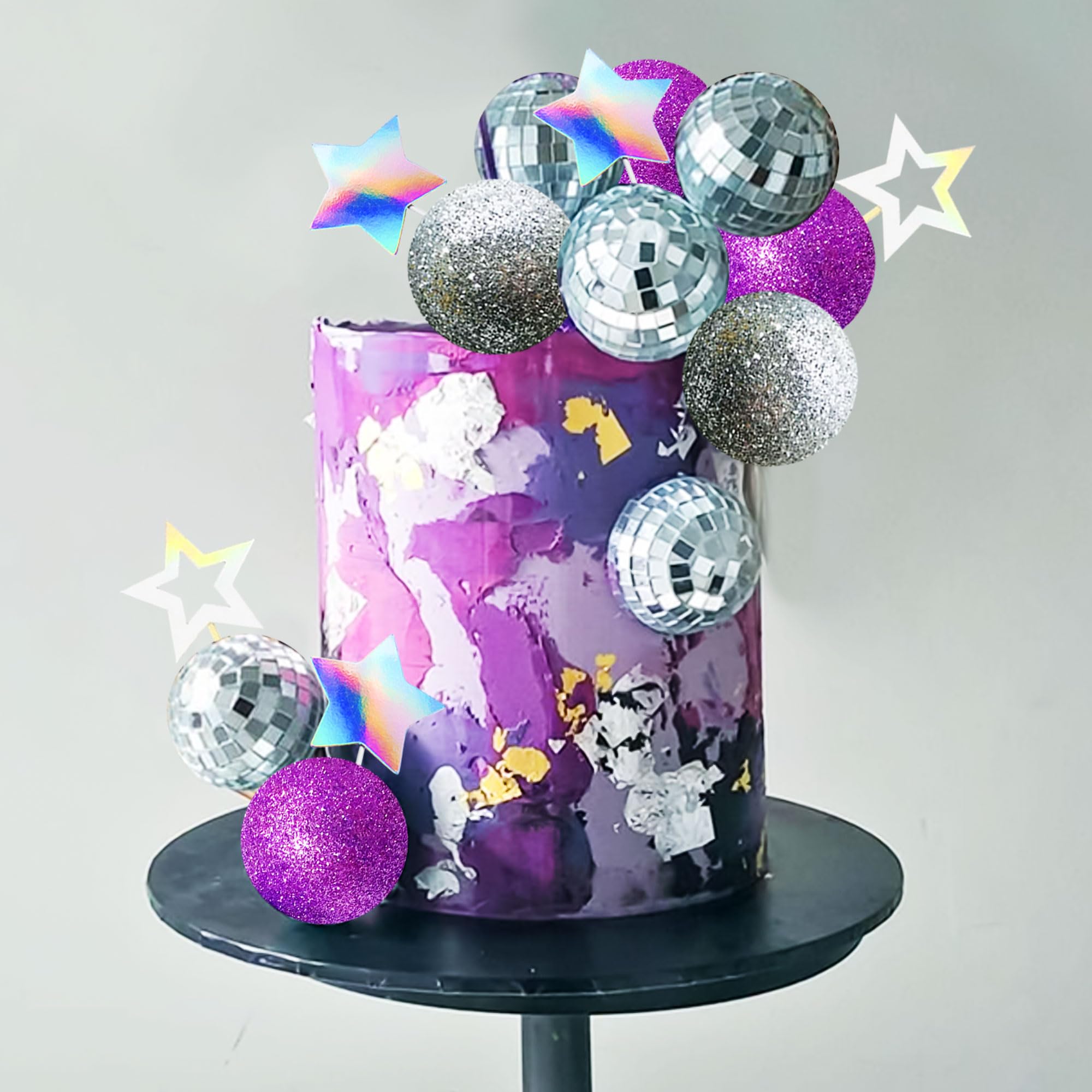 JeVenis Purple Disco Ball Cake Topper - 80s Themed Dancing Queen Birthday Party Decorations - Silver Glitter Cake Balls for Wedding, Bachelorette & Retro Celebrations