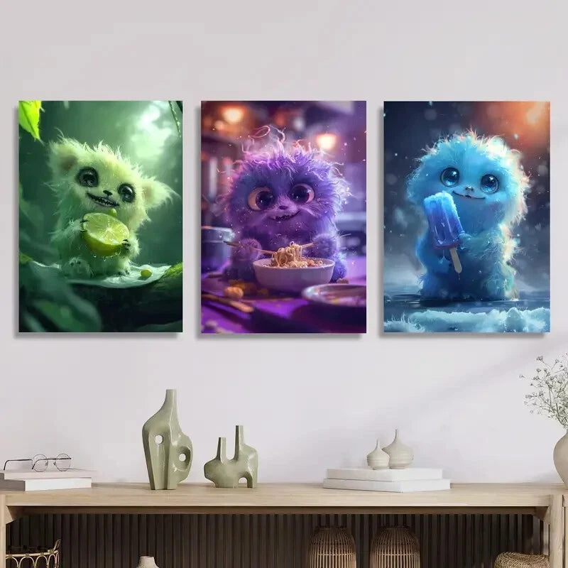 3pcs Happy Little Monster Eating Noodles Metal Wall Art - Ready to Hang Home Decor for Kids Room, Nursery & Playroom