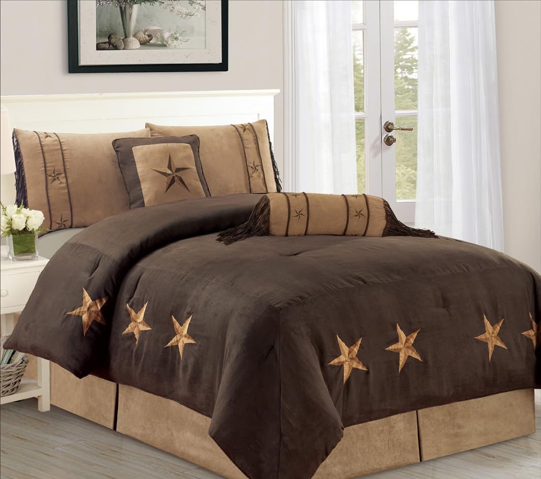 6 Piece Luxury Western Bedding Set - Oversized King Size Micro Suede Comforter with Dark Chocolate Brown Lone Star Design - Perfect for Ranch, Cabin & Southwestern Home Decor