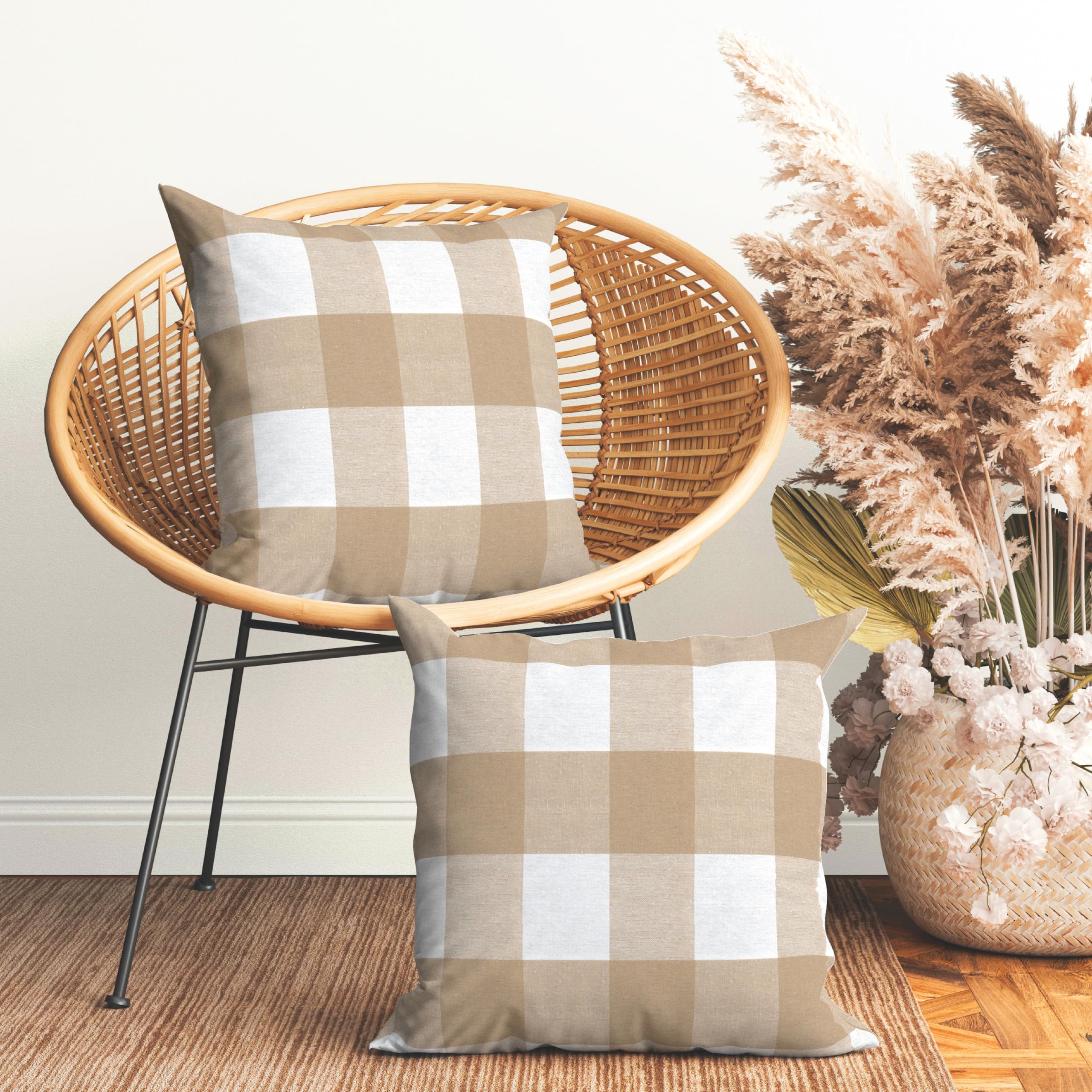 Encasa XO Farmhouse Throw Pillow Covers Set of 2 - 18x18 Inch Buffalo Beige Checkered & Striped Decorative Cushion Covers (No Inserts) for Living Room, Sofa, Couch, Bedroom - Cozy Home Decor Accent