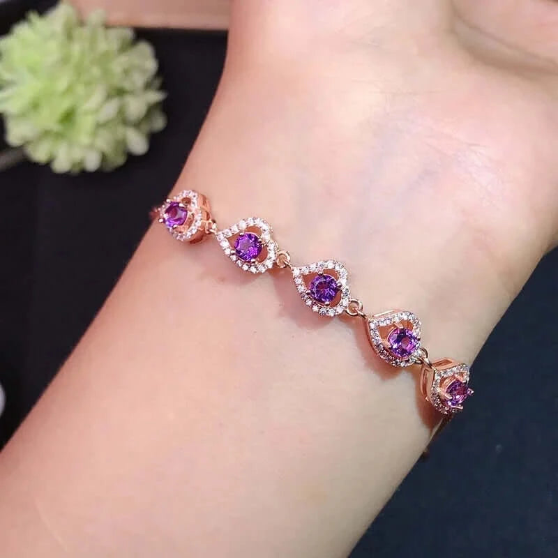 925 Sterling Silver Sparkling Amethyst Chain Bracelet for Women, Elegant Purple Gemstone Jewelry Gift - Perfect for Birthday, Anniversary & Everyday Wear