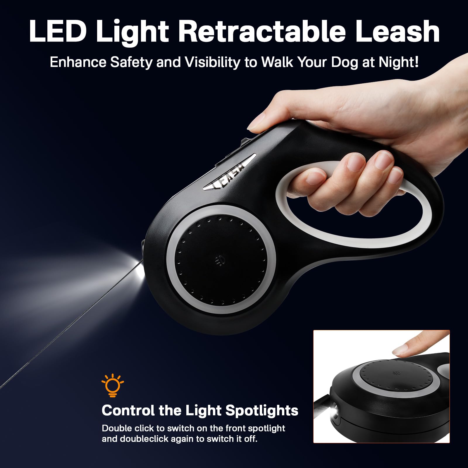 MAXLAPTER 16ft Retractable Dog Leash for Small & Medium Dogs Up to 45lbs - LED Light, Rechargeable, Tangle-Free Nylon Tape with Anti-Slip Handle (Black) - Perfect for Night Walks, Jogging & Outdoor Adventures