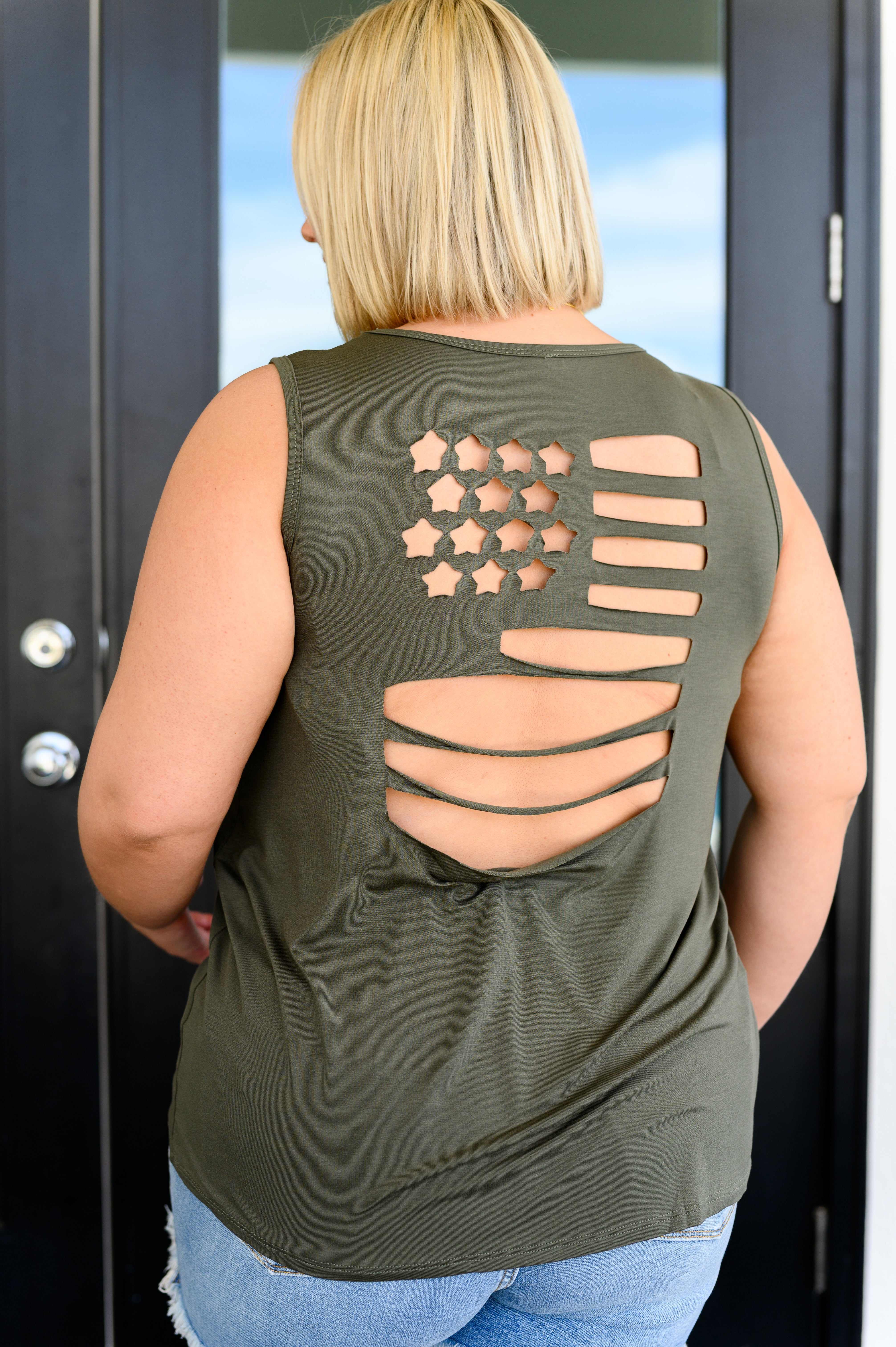Land of the Free Olive Green Tank Top - Patriotic American Flag Graphic Tee for Men & Women | Casual Wear, 4th of July Outfits, Summer Street Style