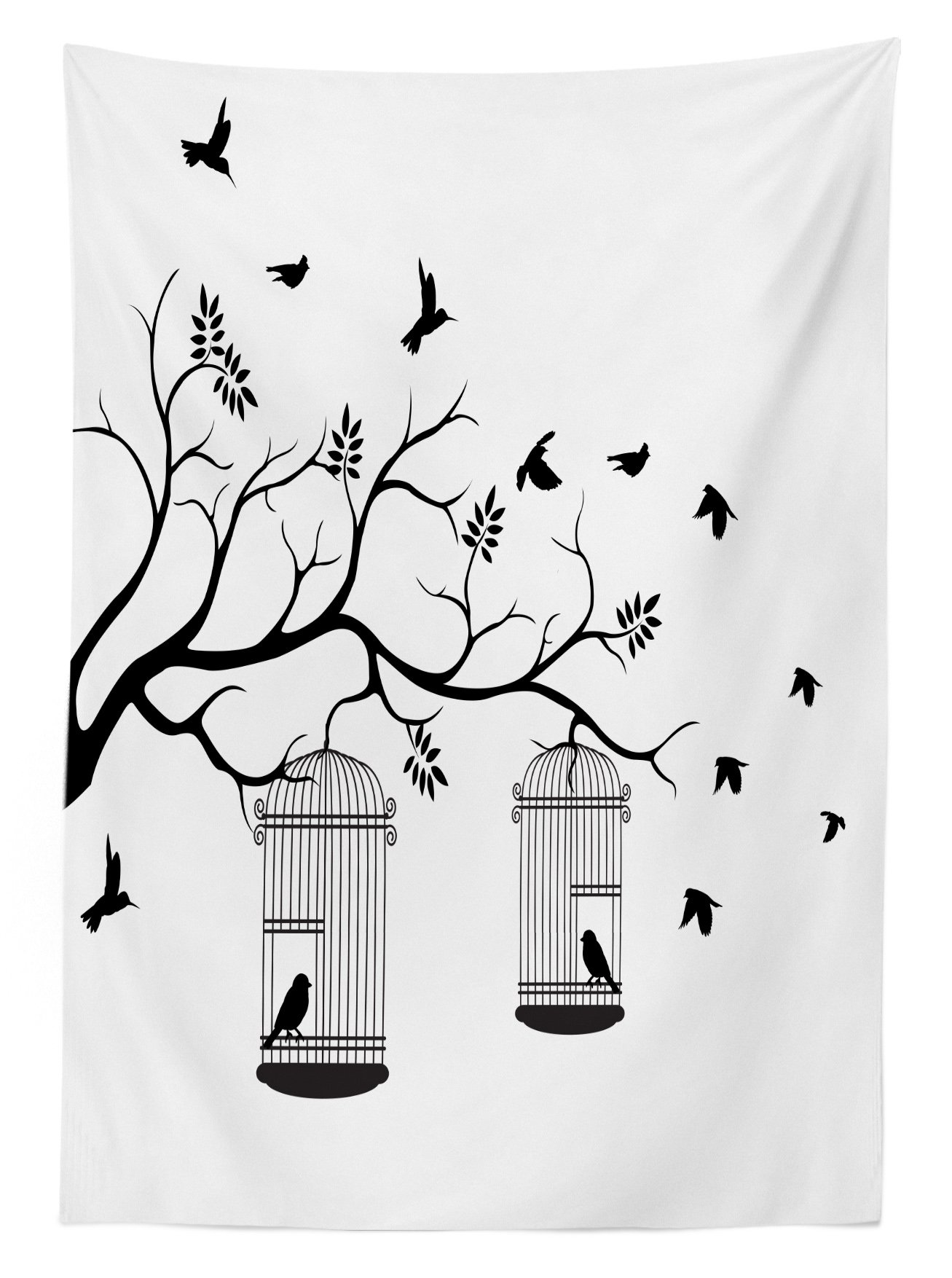 Ambesonne Black and White Nature Outdoor Tablecloth - Modern Romantic Birds Cages Branches Leaves Art Print - Washable Picnic Table Cover 58x104 Inches - Perfect for Garden Parties, BBQs, and Outdoor Dining