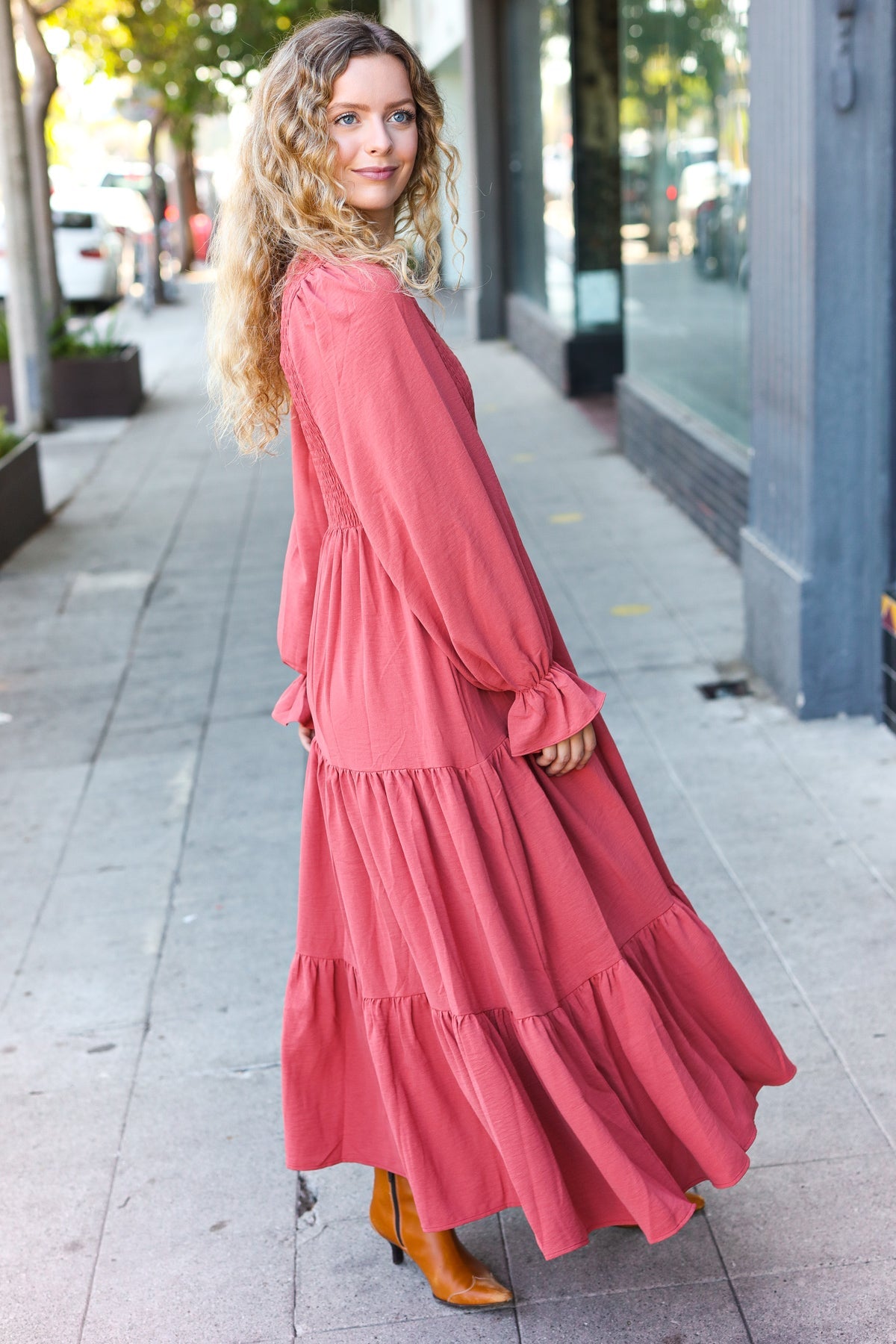 Beautiful You Lock Eyes Marsala Smocked Ruffle Sleeve Maxi Dress - Elegant Women's Long Dress for Weddings, Parties & Special Occasions