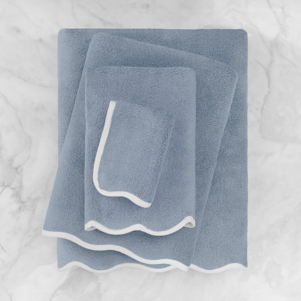 Premium White Scalloped Plush Vista Blue Hand Towel - Soft Bathroom & Kitchen Towel for Home, Spa, and Guest Use