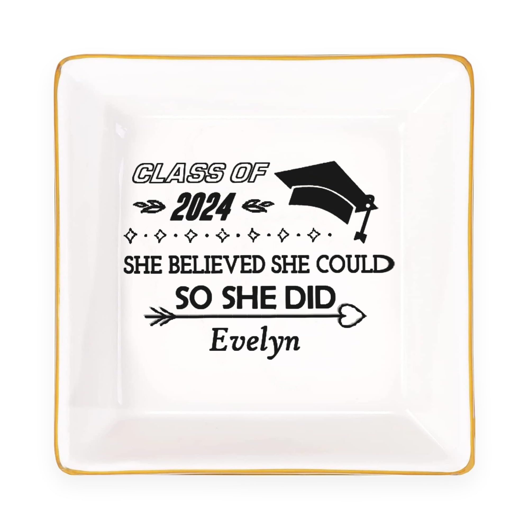 Personalized Graduation Gift for Women - Custom Engraved Ceramic Ring Dish with Inspirational Quote - Class of 2024 High School & College Graduation Present - Jewelry Tray for Dorm Room, Vanity or Wedding Gift