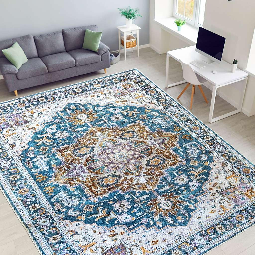Softwoven 9x12 Washable Cotton Area Rug - Non-Slip Vintage Floral Design for Living Room & Hallway | Pet-Friendly, Stain-Resistant & Machine Washable | Home Decor, Bedroom, Office Use